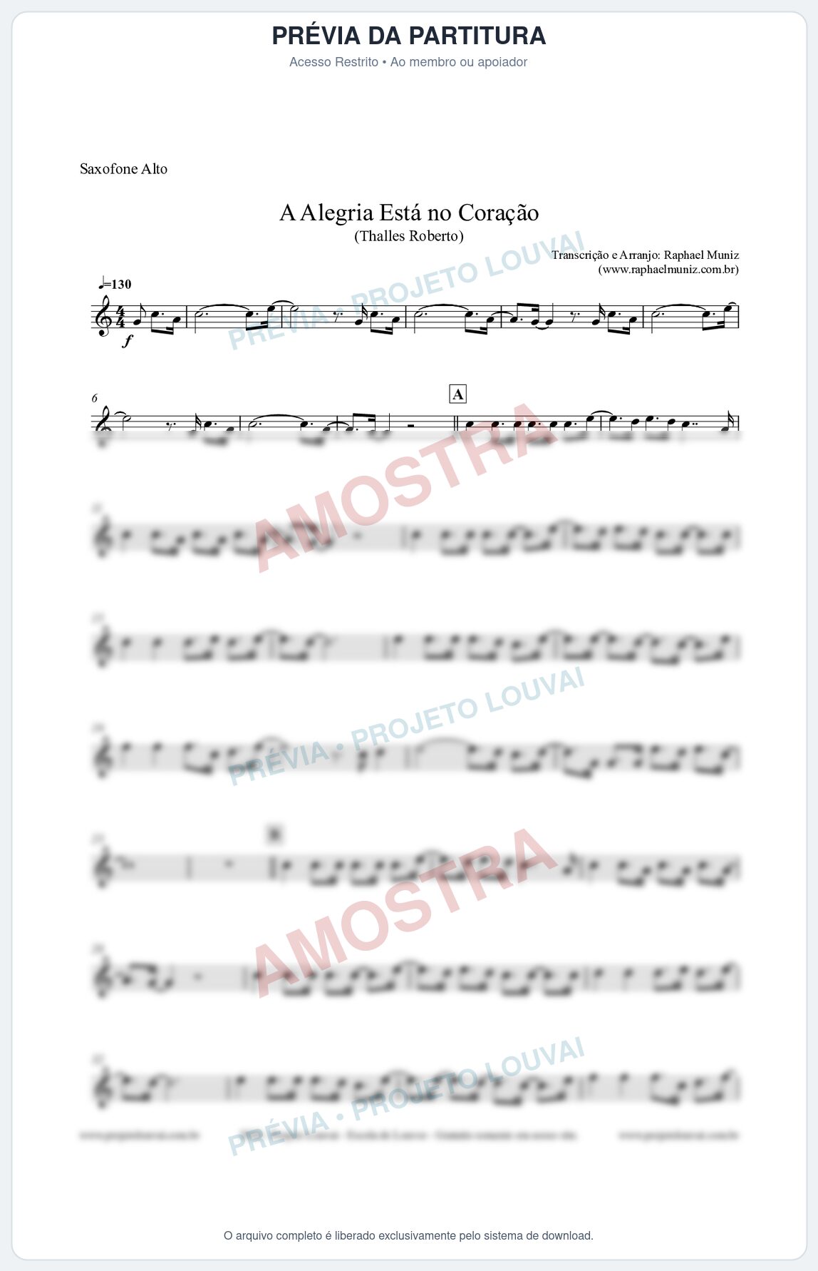 Prévia protegida da primeira página da partitura Partitura para Saxofone Alto - A Alegria Está no Coração (Tom Eb) - Thalles Roberto