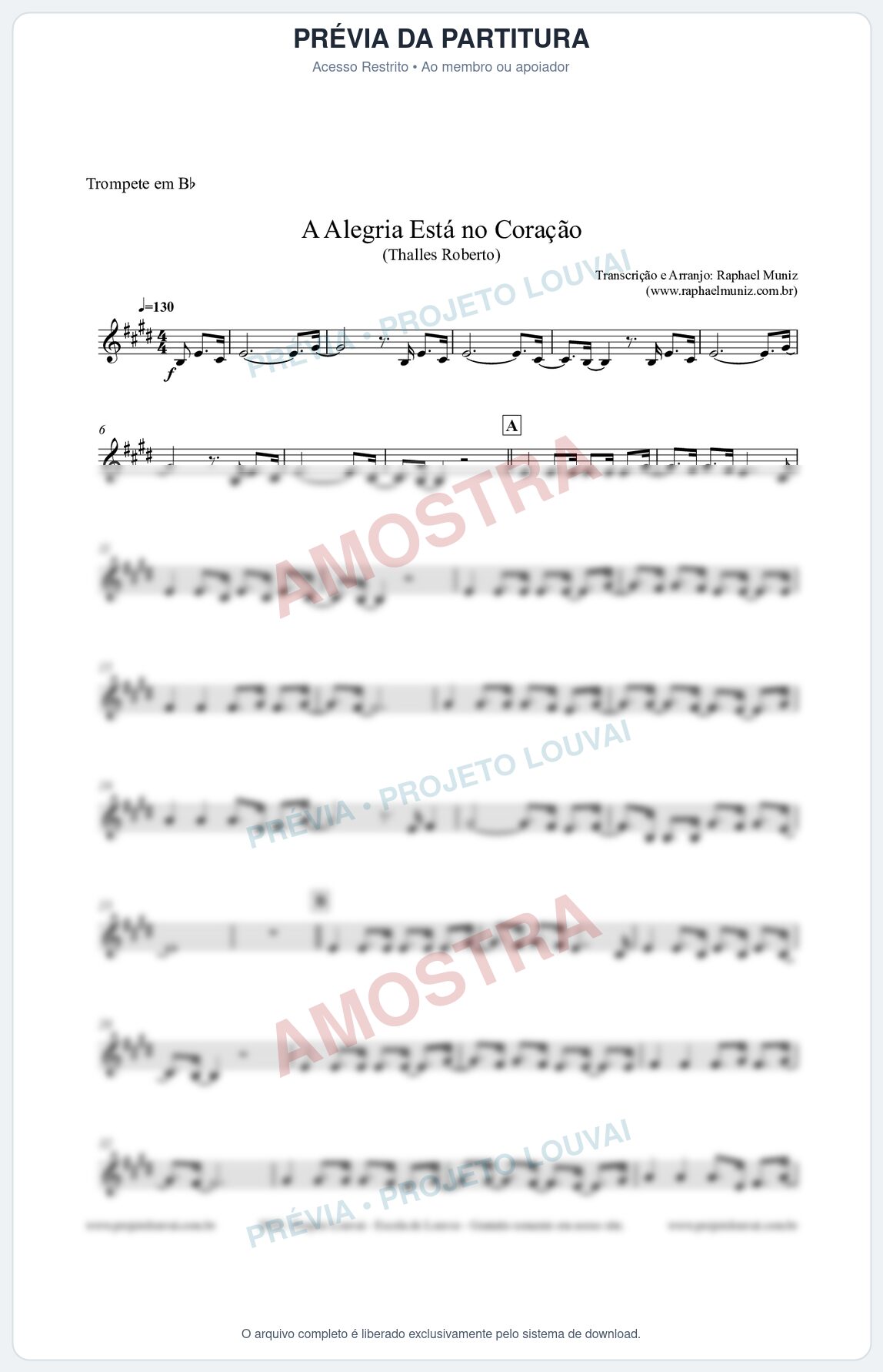 Prévia protegida da primeira página da partitura Partitura para Trompete em Bb - A Alegria Está no Coração (Tom D) - Thalles Roberto