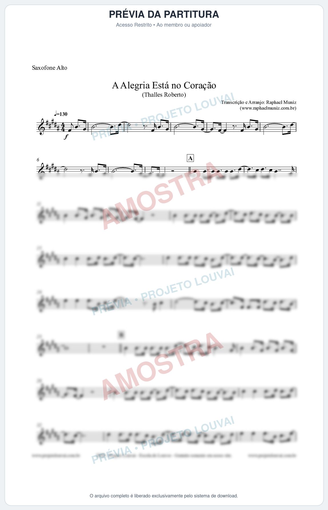Prévia protegida da primeira página da partitura Partitura para Saxofone Alto - A Alegria Está no Coração (Tom D) - Thalles Roberto