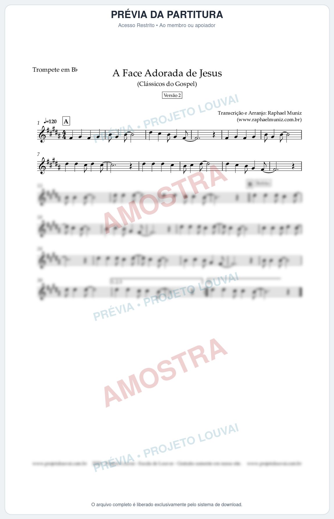 Prévia protegida da primeira página da partitura Partitura para Trompete em Bb - A Face Adorada de Jesus - Harpa Cristã 304 (Versão 2) (Tom A) - Clássicos do Gospel