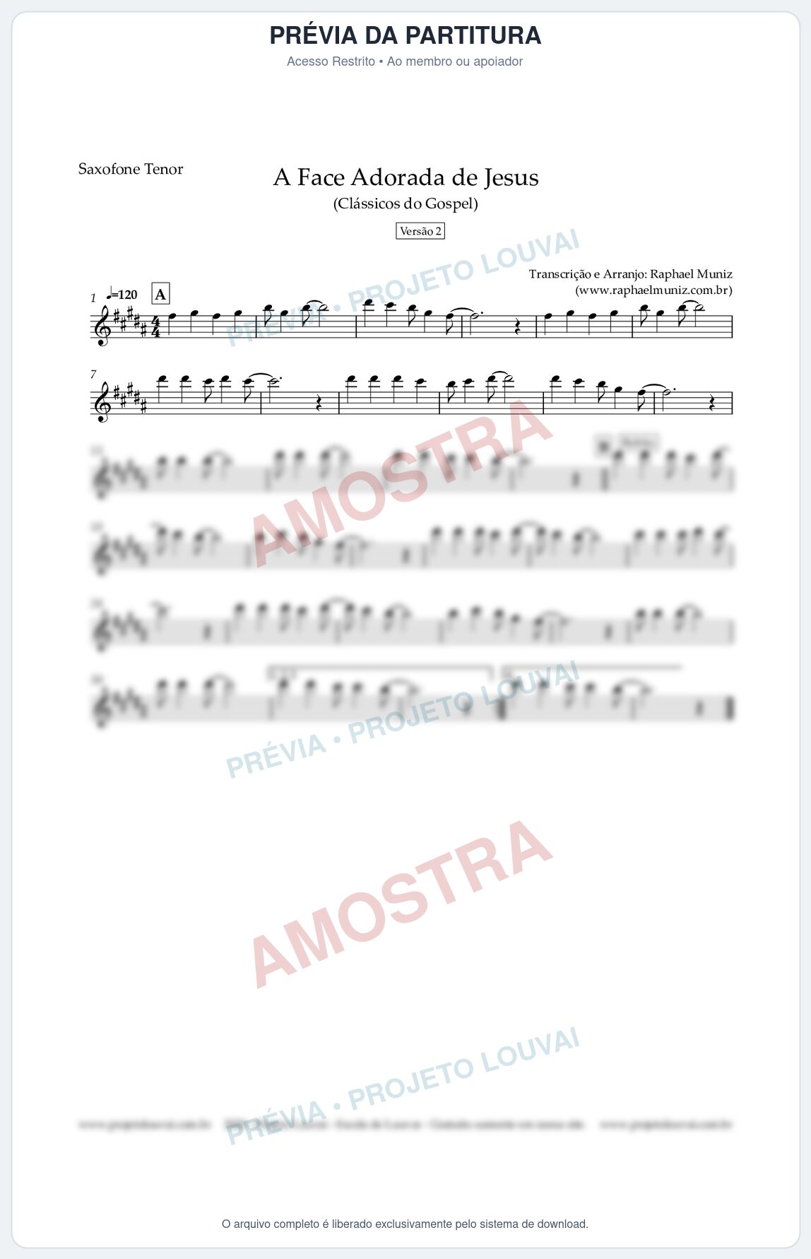 Prévia protegida da primeira página da partitura Partitura para Saxofone Tenor - A Face Adorada de Jesus - Harpa Cristã 304 (Versão 2) (Tom A) - Clássicos do Gospel