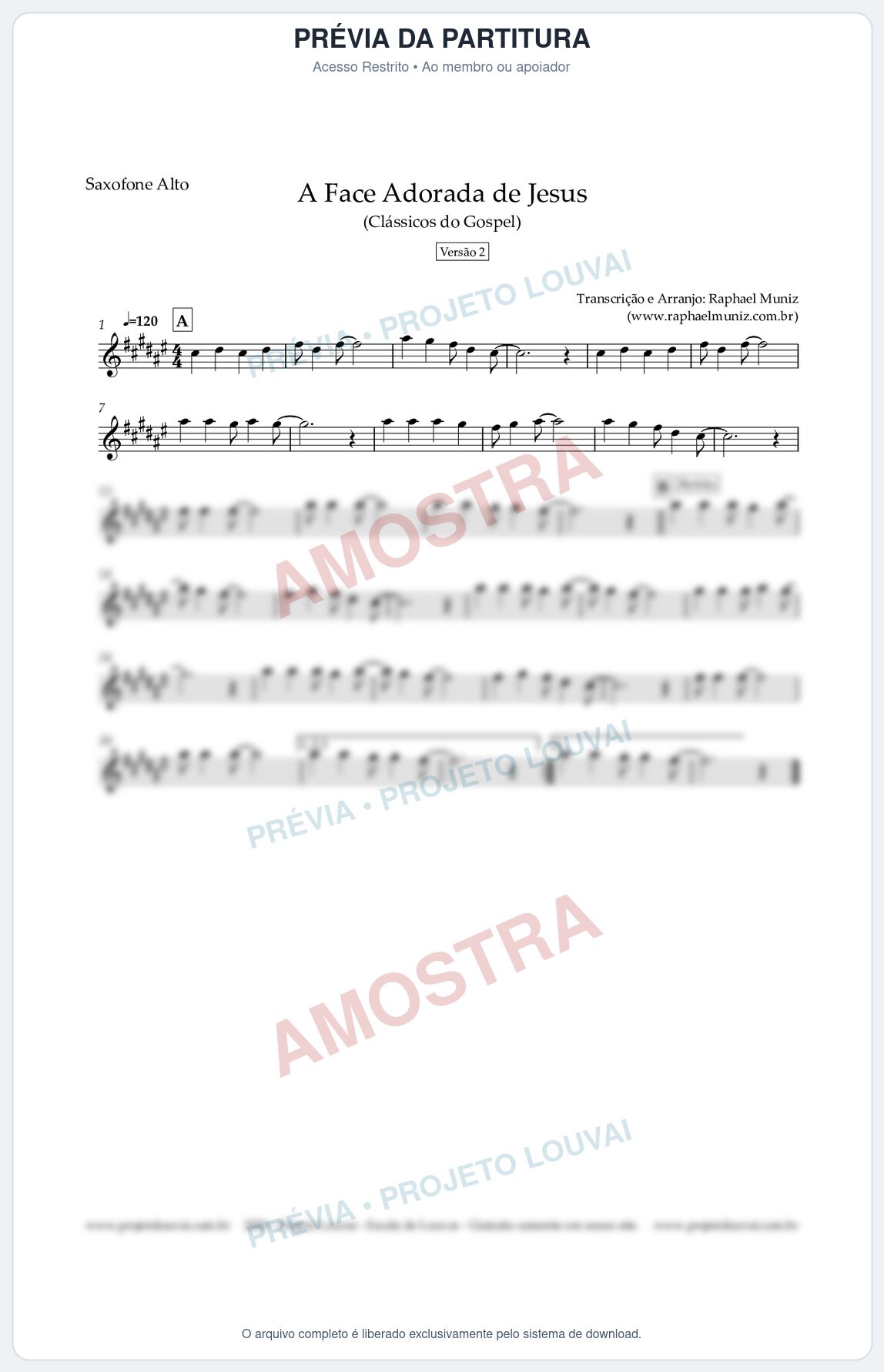 Prévia protegida da primeira página da partitura Partitura para Saxofone Alto - A Face Adorada de Jesus - Harpa Cristã 304 (Versão 2) (Tom A) - Clássicos do Gospel