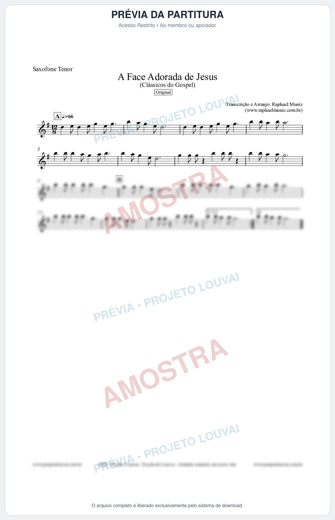 Prévia protegida da primeira página da partitura Partitura para Saxofone Tenor - A Face Adorada de Jesus - Harpa Cristã 304 (Tom F) - Clássicos do Gospel