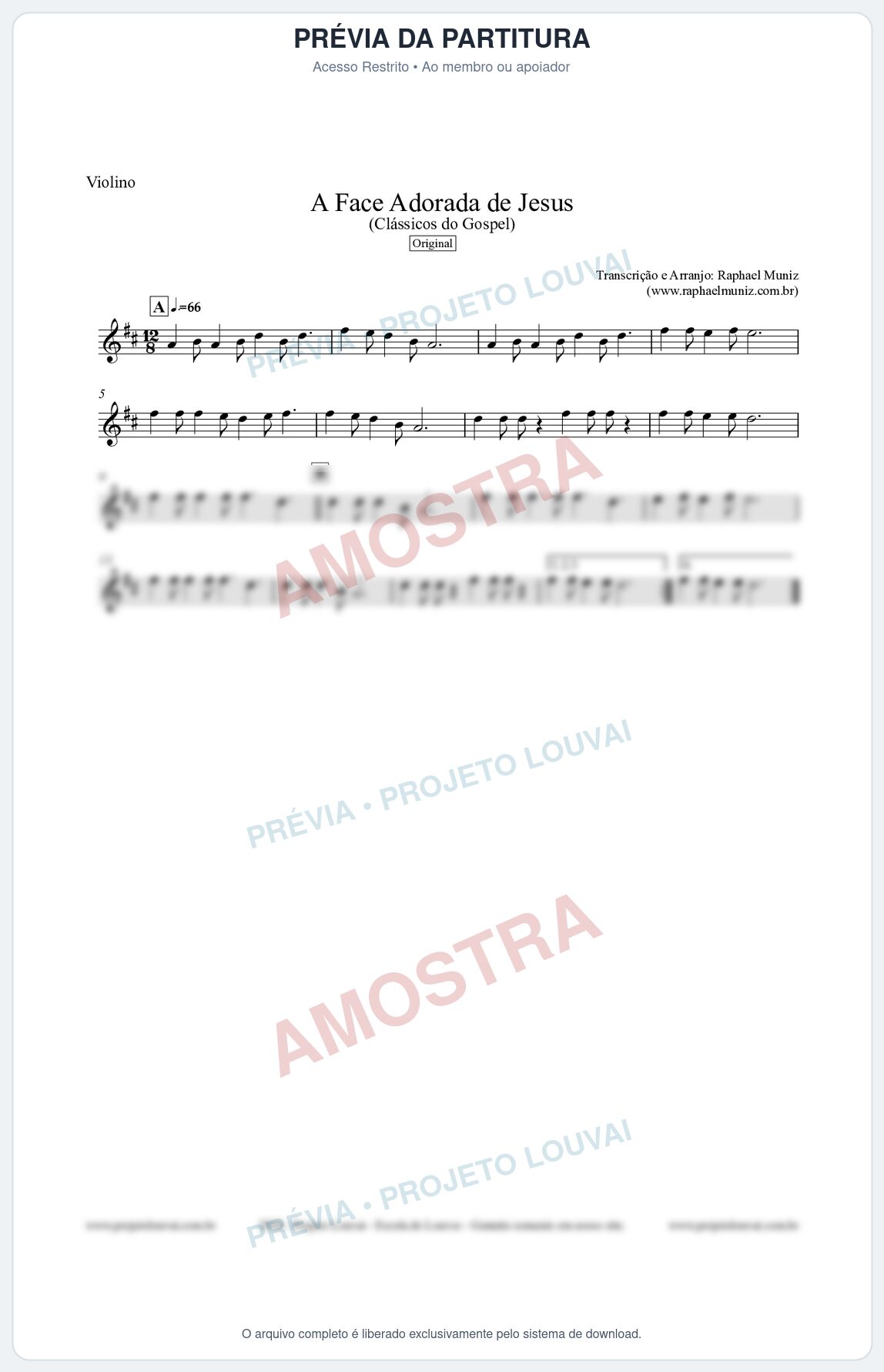 Prévia protegida da primeira página da partitura Partitura para Violino - A Face Adorada de Jesus - Harpa Cristã 304 (Tom D) - Clássicos do Gospel