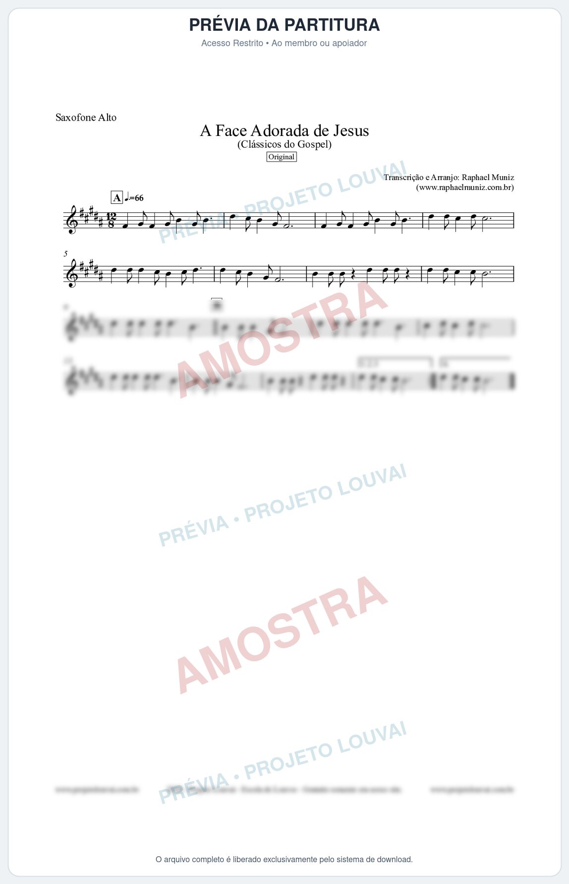 Prévia protegida da primeira página da partitura Partitura para Saxofone Alto - A Face Adorada de Jesus - Harpa Cristã 304 (Tom D) - Clássicos do Gospel