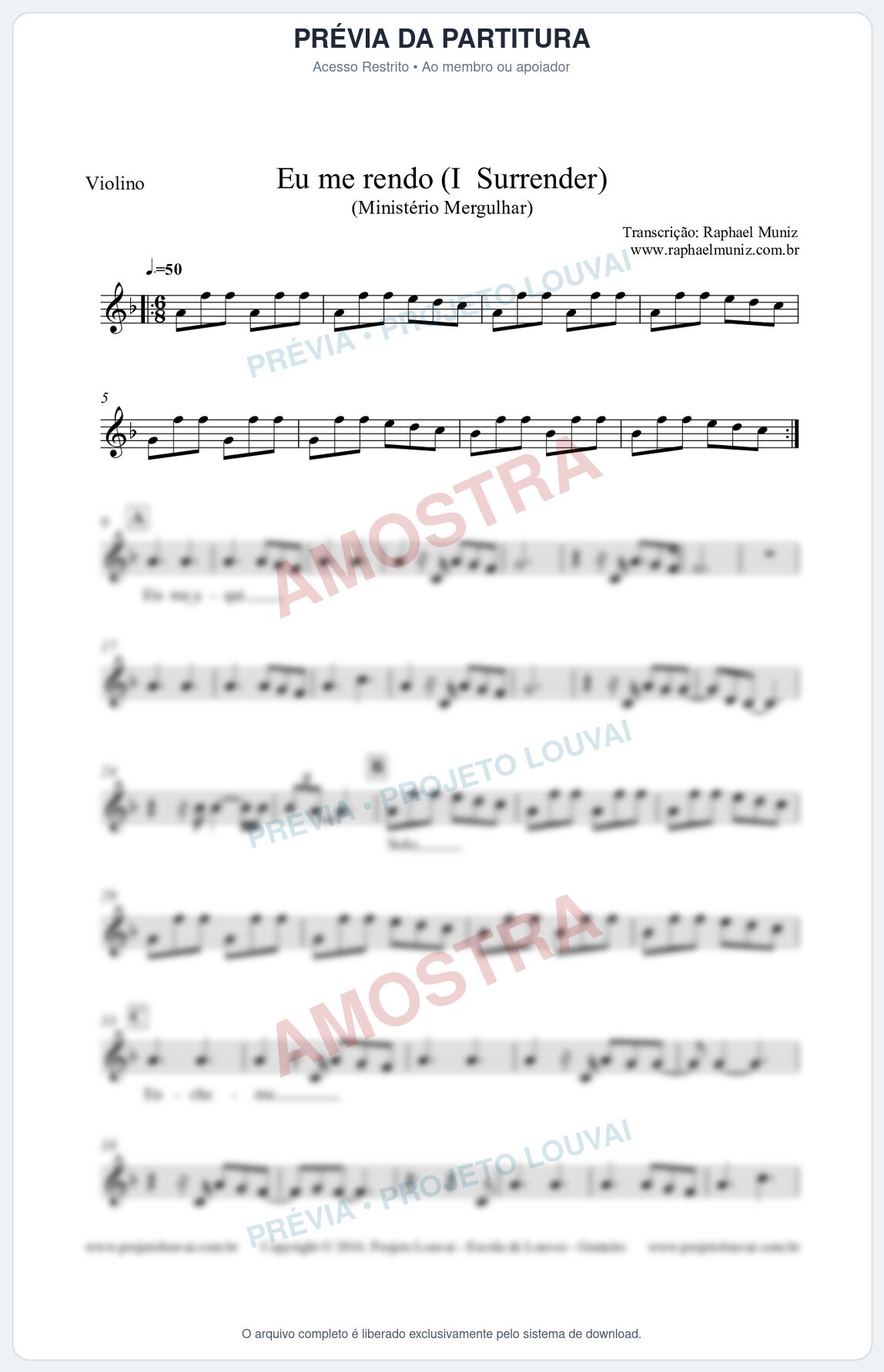 Prévia protegida da primeira página da partitura Partituras para Violino - Eu me rendo (I Surrender) - Ministério Mergulhar