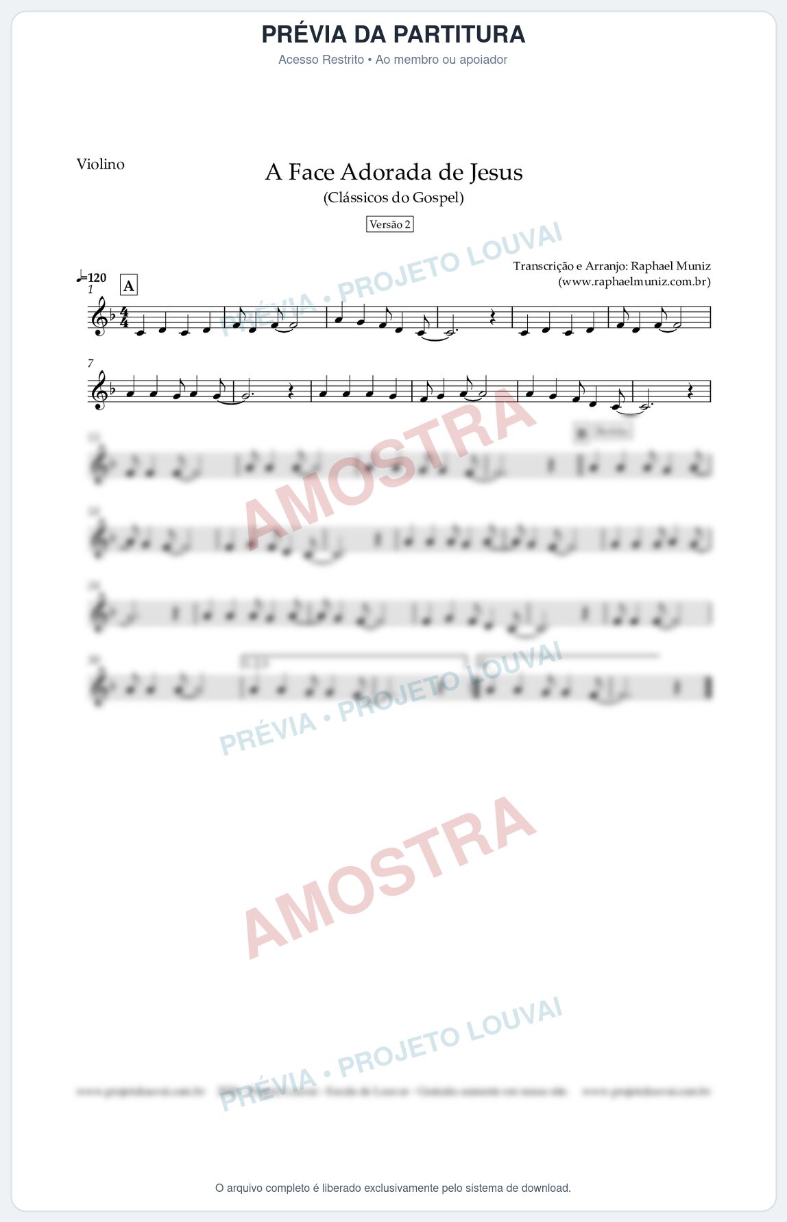 Prévia protegida da primeira página da partitura Partitura para Violino - A Face Adorada de Jesus - Harpa Cristã 304 (Versão 2) (Tom F) - Clássicos do Gospel