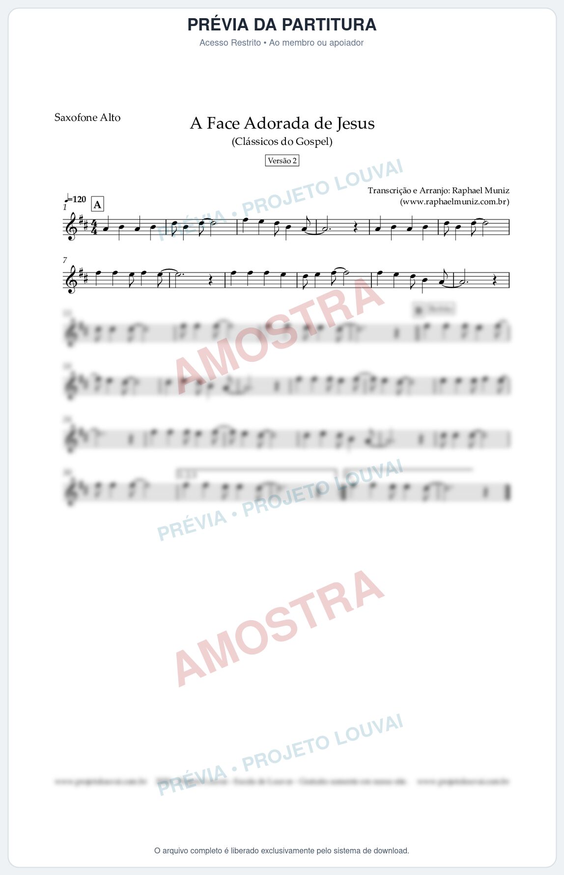 Prévia protegida da primeira página da partitura Partitura para Saxofone Alto - A Face Adorada de Jesus - Harpa Cristã 304 (Versão 2) (Tom F) - Clássicos do Gospel