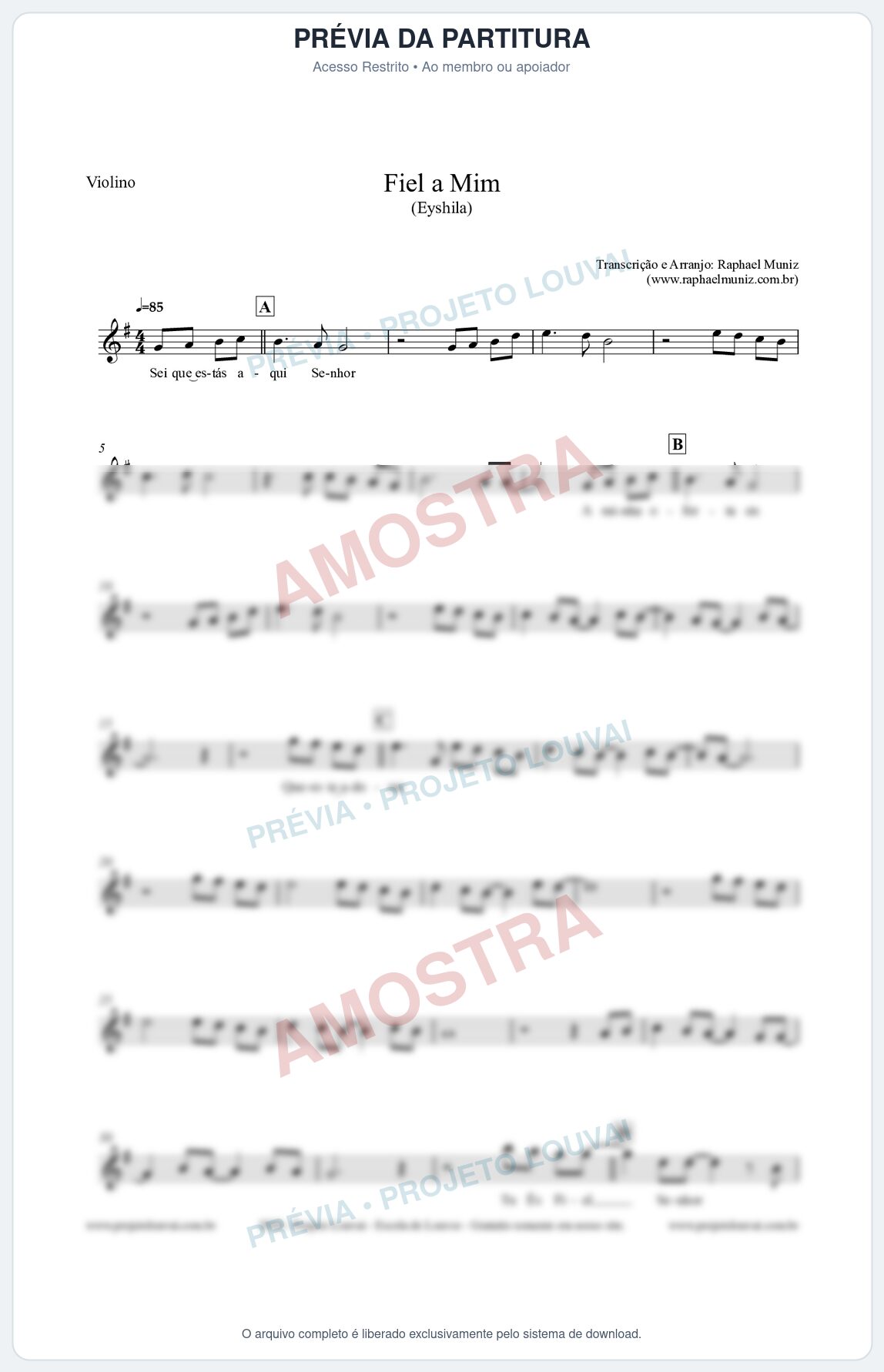 Prévia protegida da primeira página da partitura Partitura para Violino - Fiel a Mim (Tom G) - Eyshila