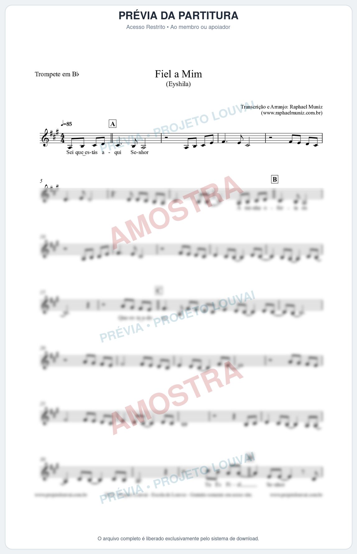 Prévia protegida da primeira página da partitura Partitura para Trompete em Bb - Fiel a Mim (Tom G) - Eyshila