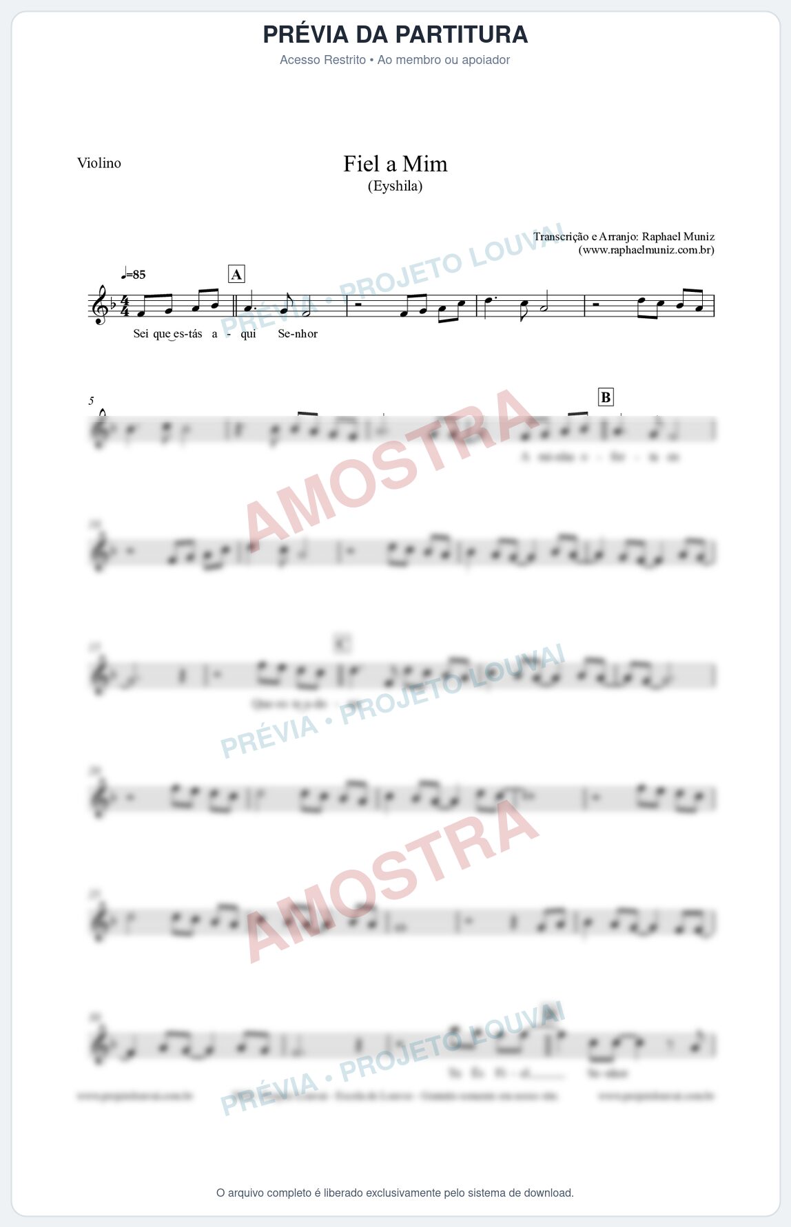 Prévia protegida da primeira página da partitura Partitura para Violino - Fiel a Mim (Tom F) - Eyshila