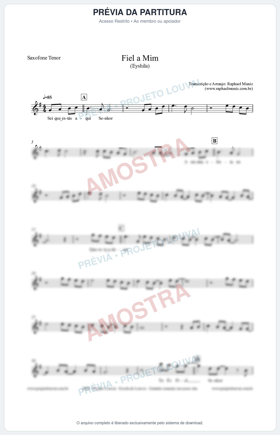 Prévia protegida da primeira página da partitura Partitura para Saxofone Tenor - Fiel a Mim (Tom F) - Eyshila