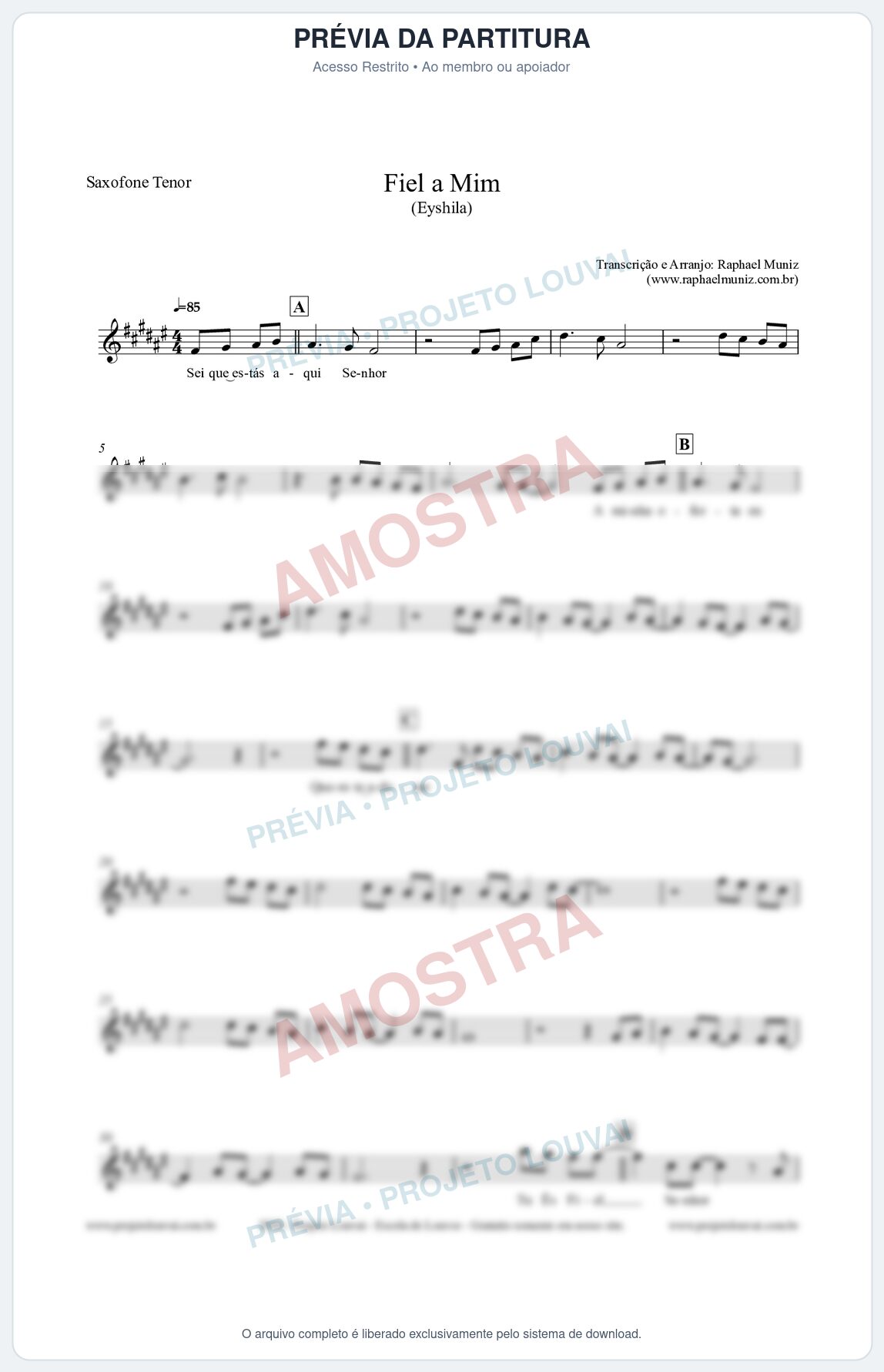 Prévia protegida da primeira página da partitura Partitura para Saxofone Tenor - Fiel a Mim (Tom E) - Eyshila