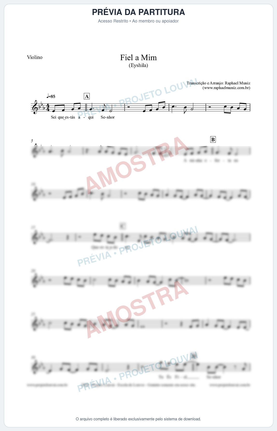 Prévia protegida da primeira página da partitura Partitura para Violino - Fiel a Mim (Tom Eb) - Eyshila