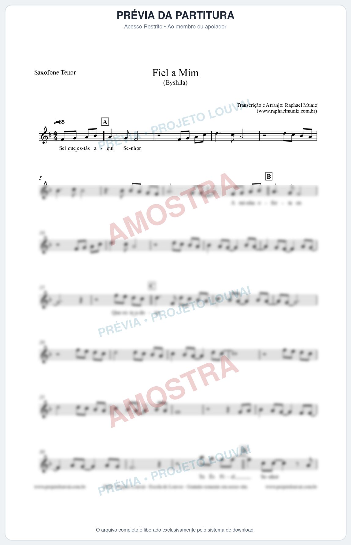 Prévia protegida da primeira página da partitura Partitura para Saxofone Tenor - Fiel a Mim (Tom Eb) - Eyshila