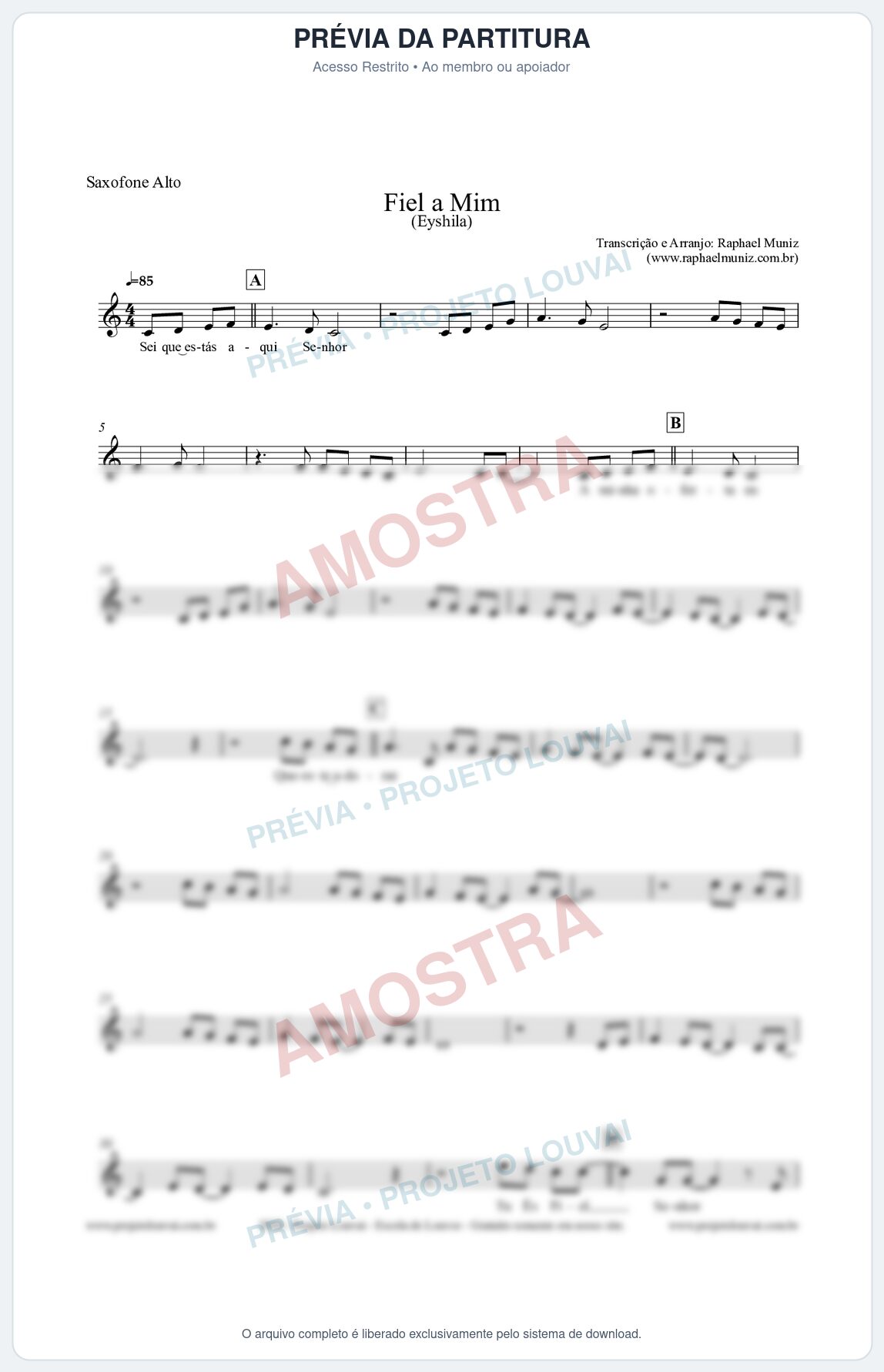 Prévia protegida da primeira página da partitura Partitura para Saxofone Alto - Fiel a Mim (Tom Eb) - Eyshila