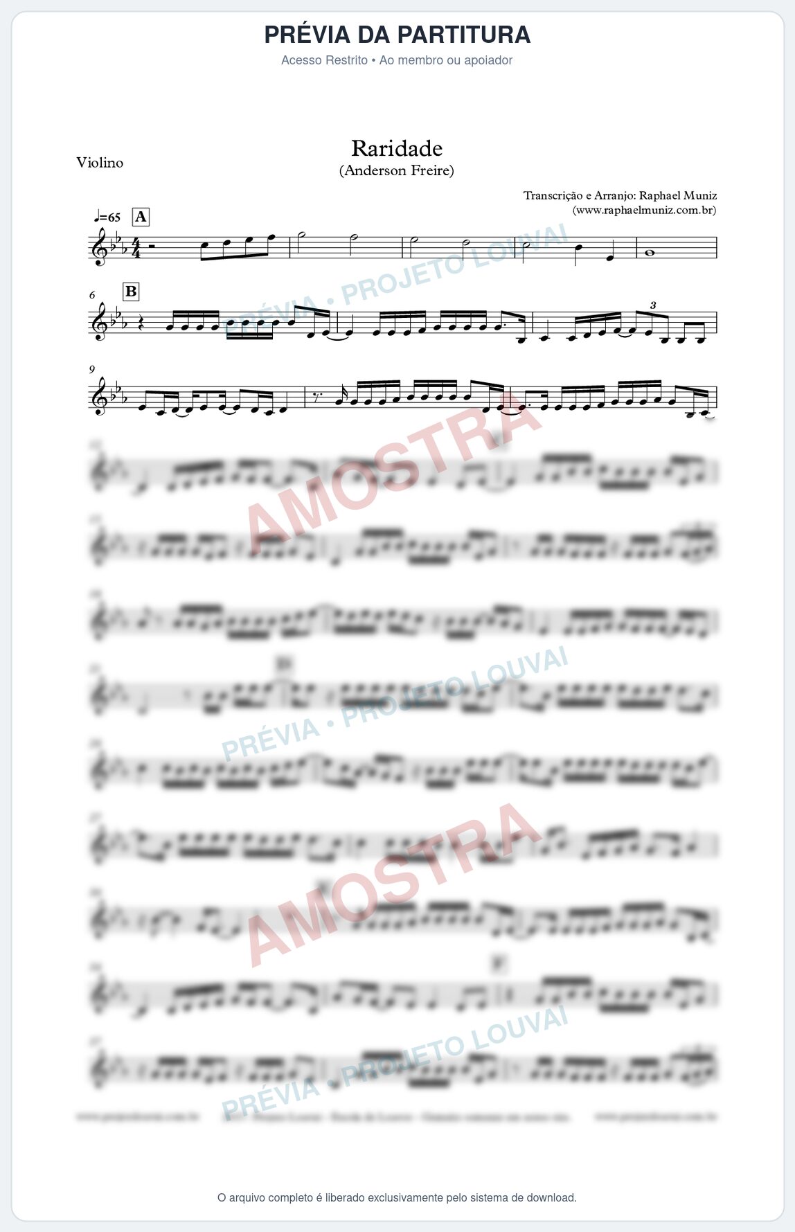 Prévia protegida da primeira página da partitura Partitura para Violino - Raridade - Anderson Freire