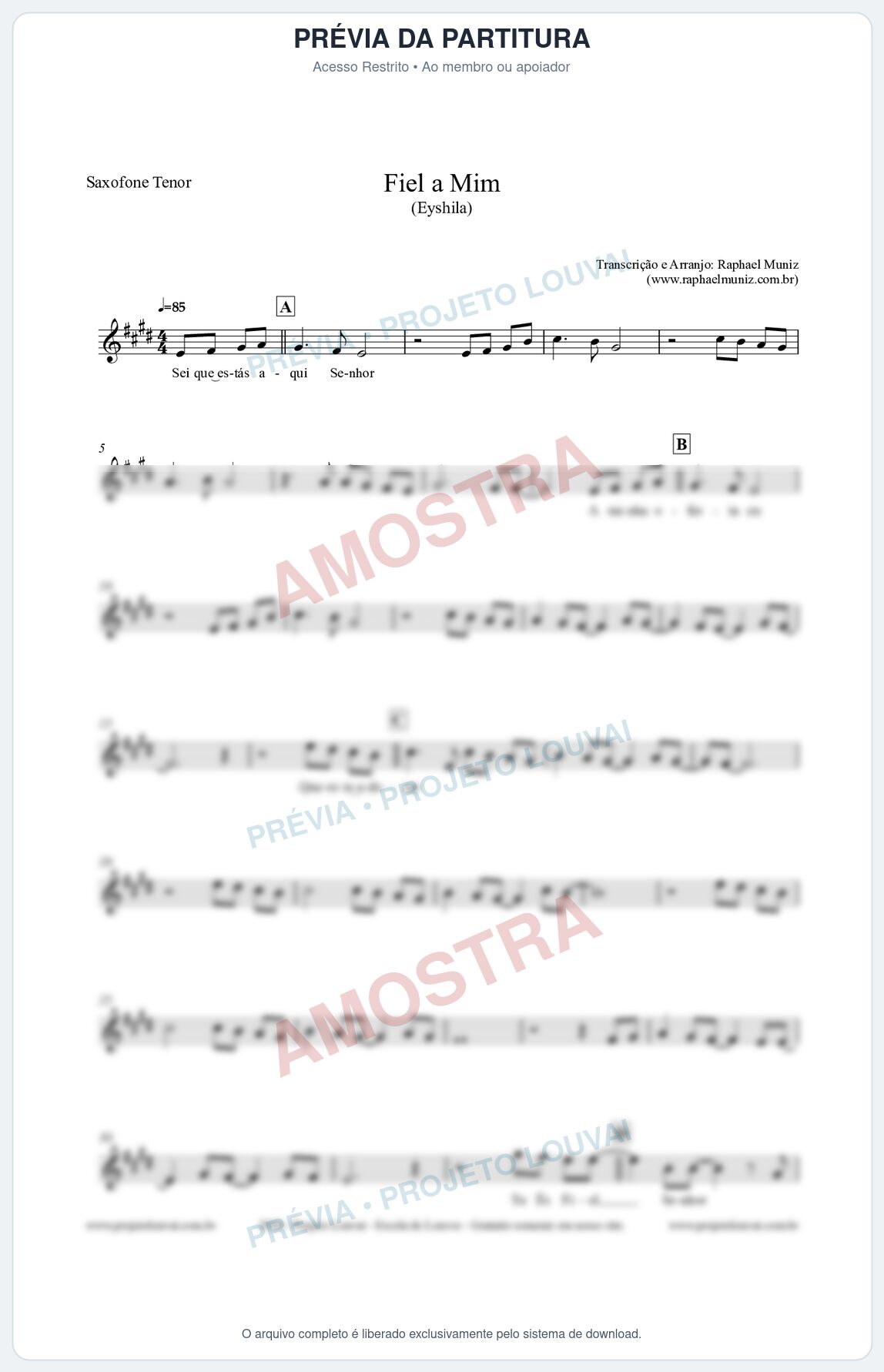 Prévia protegida da primeira página da partitura Partitura para Saxofone Tenor - Fiel a Mim (Tom D) - Eyshila