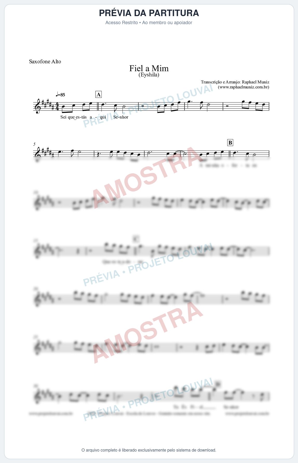 Prévia protegida da primeira página da partitura Partitura para Saxofone Alto - Fiel a Mim (Tom D) - Eyshila