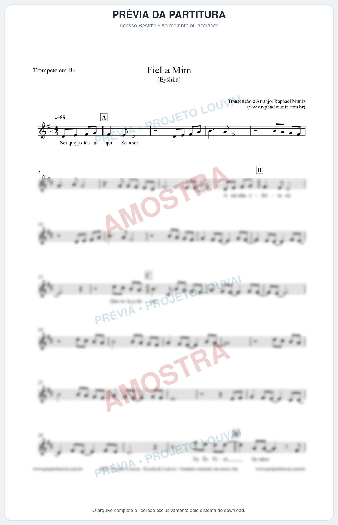 Prévia protegida da primeira página da partitura Partitura para Trompete em Bb - Fiel a Mim (Tom C) - Eyshila