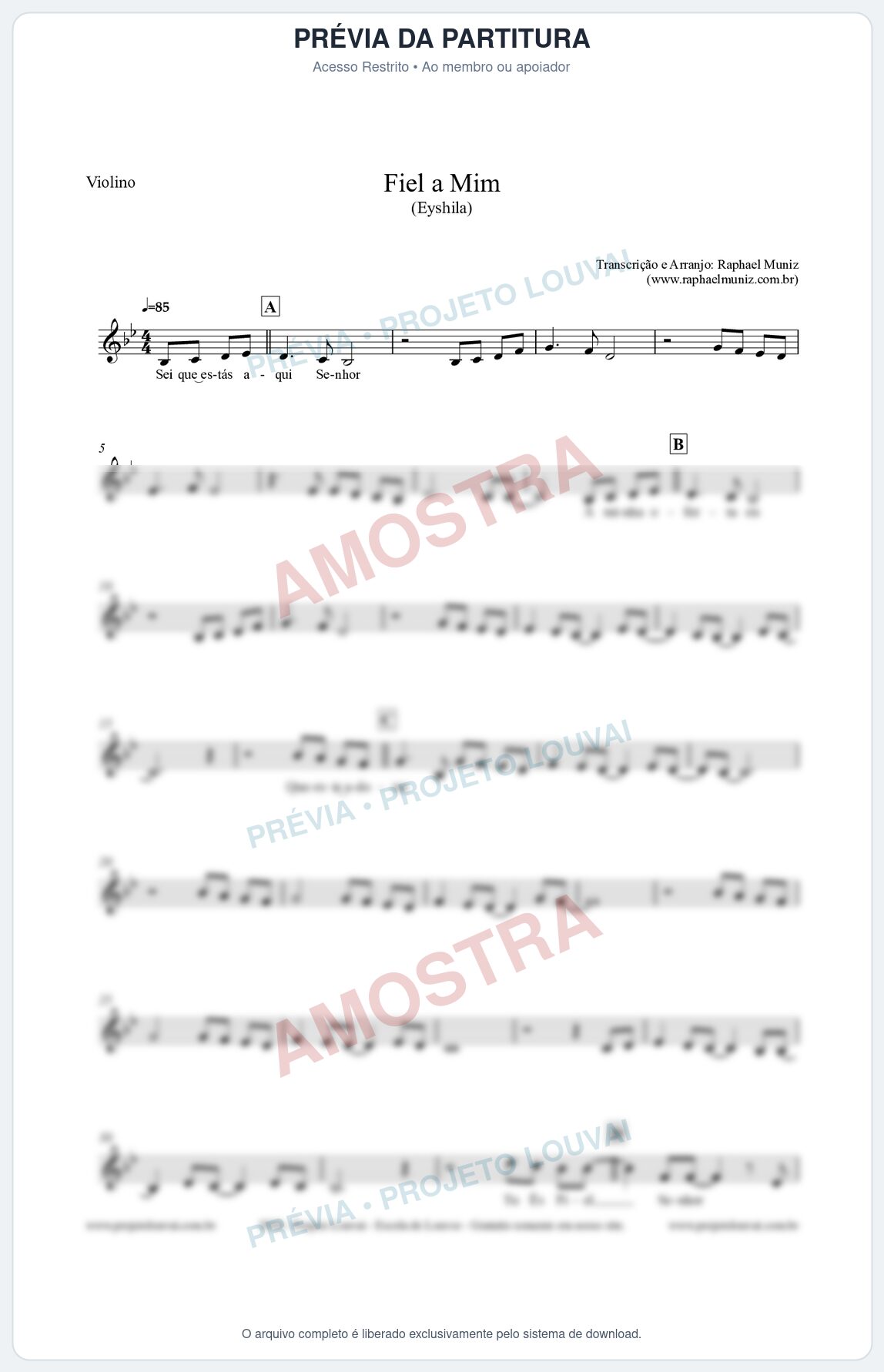 Prévia protegida da primeira página da partitura Partitura para Violino - Fiel a Mim (Tom Bb) - Eyshila