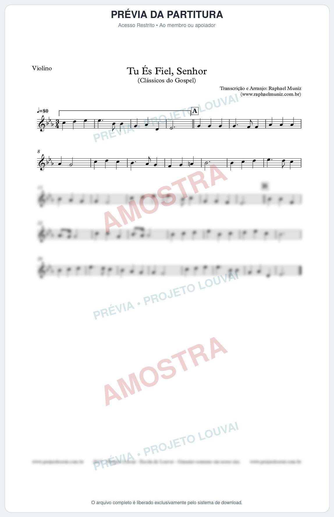 Prévia protegida da primeira página da partitura Partitura para Violino - Tu És Fiel, Senhor - Clássicos do Gospel