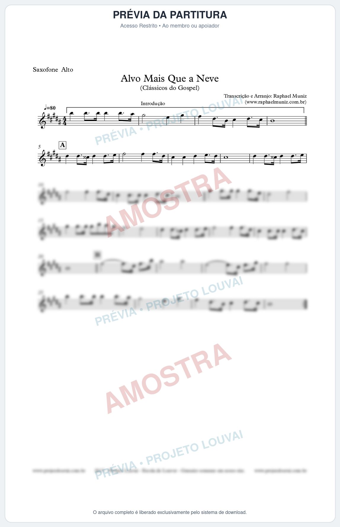 Prévia protegida da primeira página da partitura Partitura para Sax Alto - Alvo Mais que a Neve - Clássicos do Gospel
