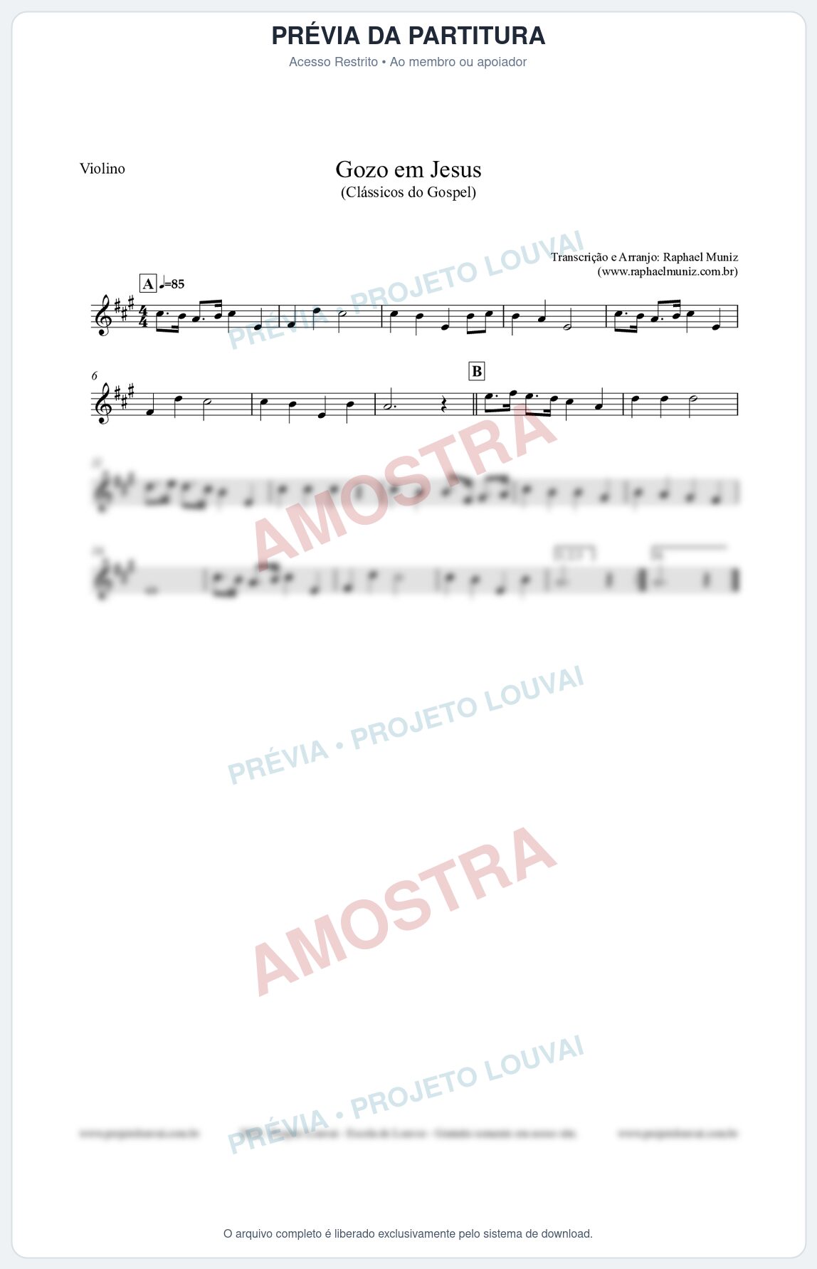Prévia protegida da primeira página da partitura Partitura para Violino - Gozo em Jesus - Harpa Cristã 14 (Tom A) - Clássicos do Gospel