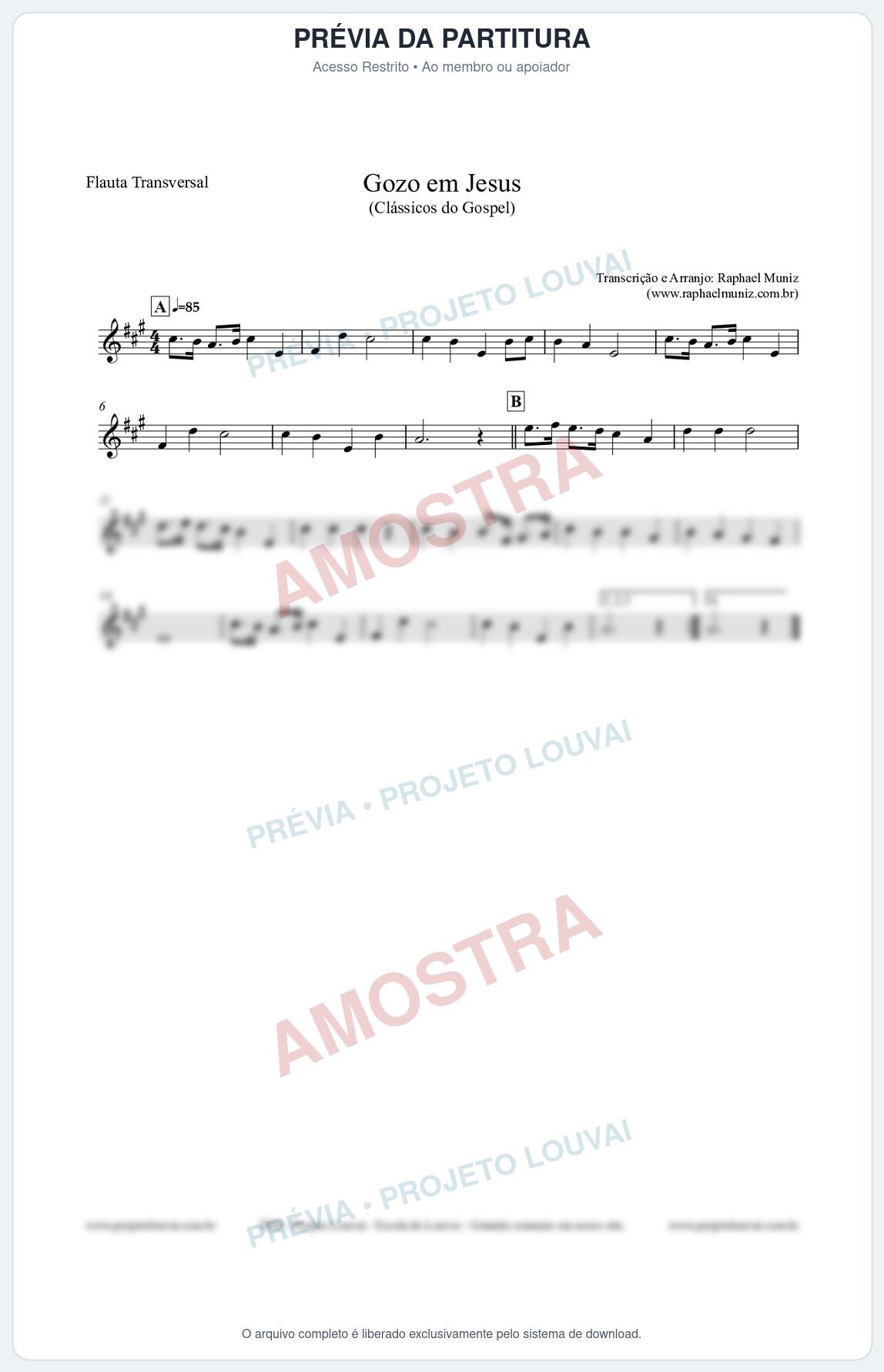 Prévia protegida da primeira página da partitura Partitura para Flauta Transversal - Gozo em Jesus - Harpa Cristã 14 (Tom A) - Clássicos do Gospel