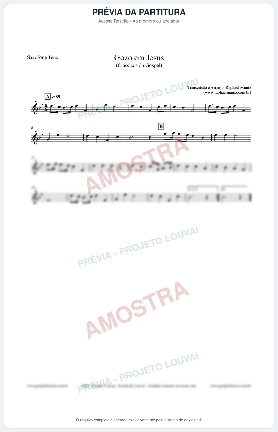 Prévia protegida da primeira página da partitura Partitura para Saxofone Tenor - Gozo em Jesus - Harpa Cristã 14 (Tom Ab) - Clássicos do Gospel
