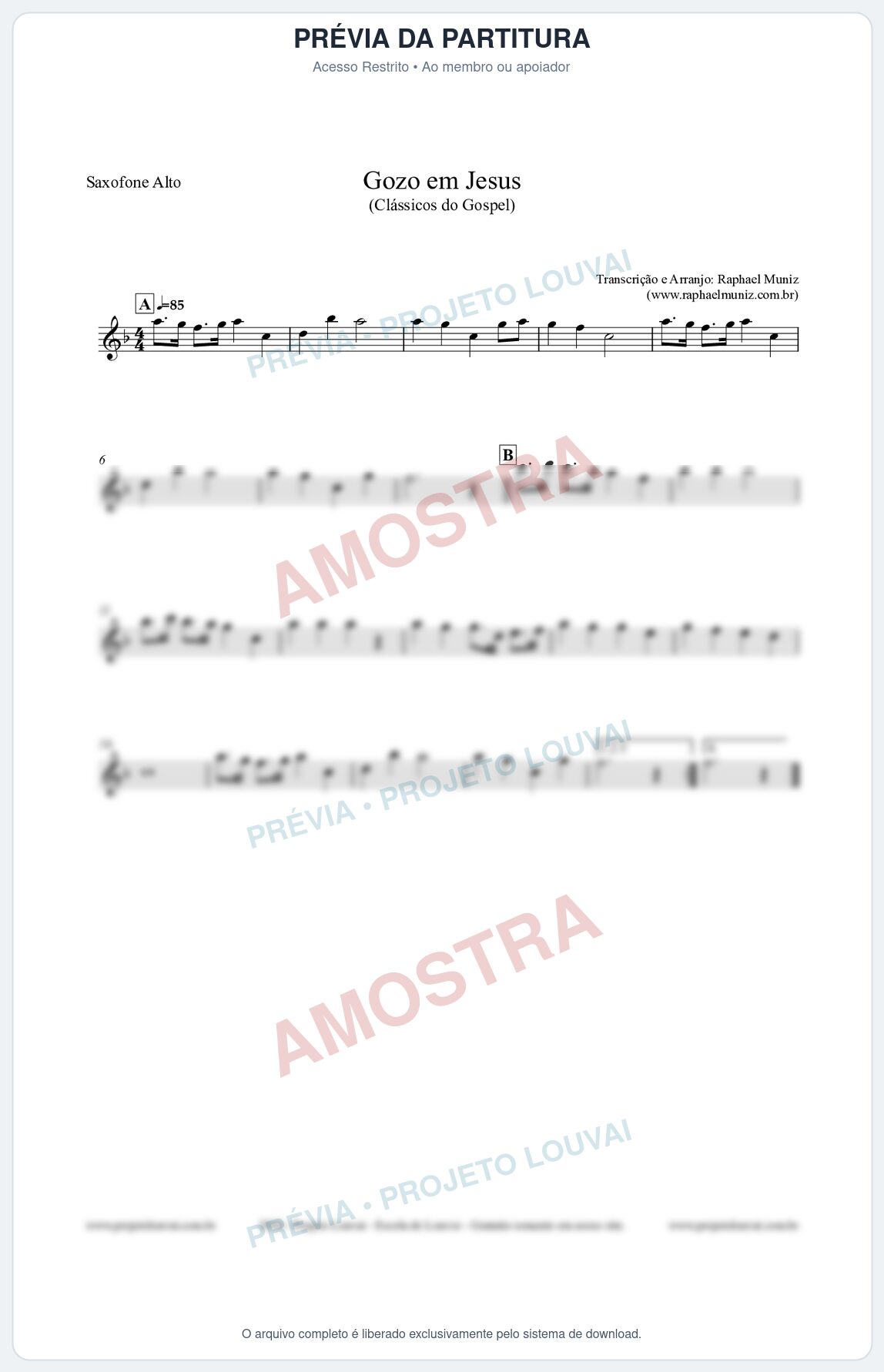 Prévia protegida da primeira página da partitura Partitura para Saxofone Alto - Gozo em Jesus - Harpa Cristã 14 (Tom Ab) - Clássicos do Gospel