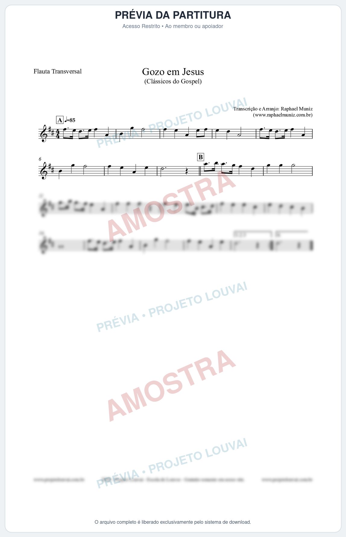 Prévia protegida da primeira página da partitura Partitura para Flauta Transversal - Gozo em Jesus - Harpa Cristã 14 (Tom D) - Clássicos do Gospel