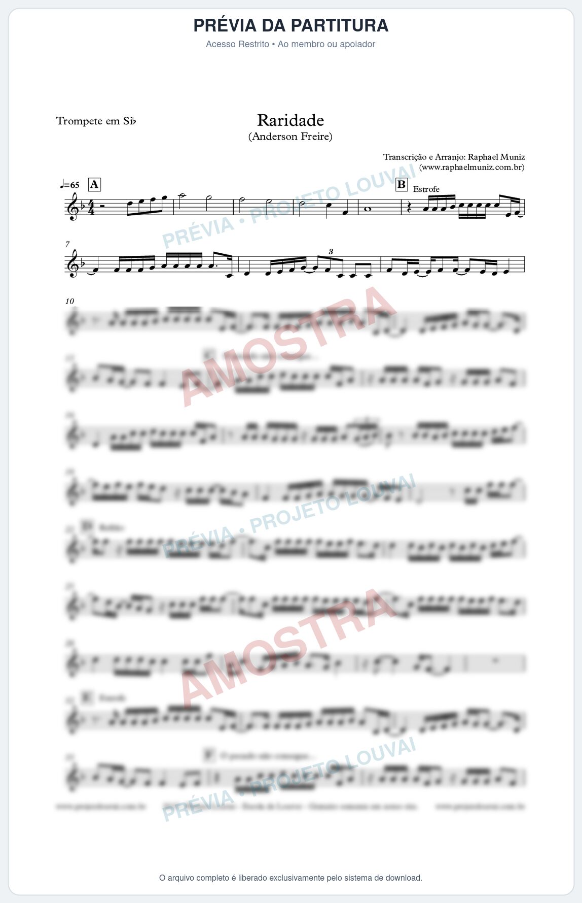 Prévia protegida da primeira página da partitura Partitura para Trompete - Raridade - Anderson Freire