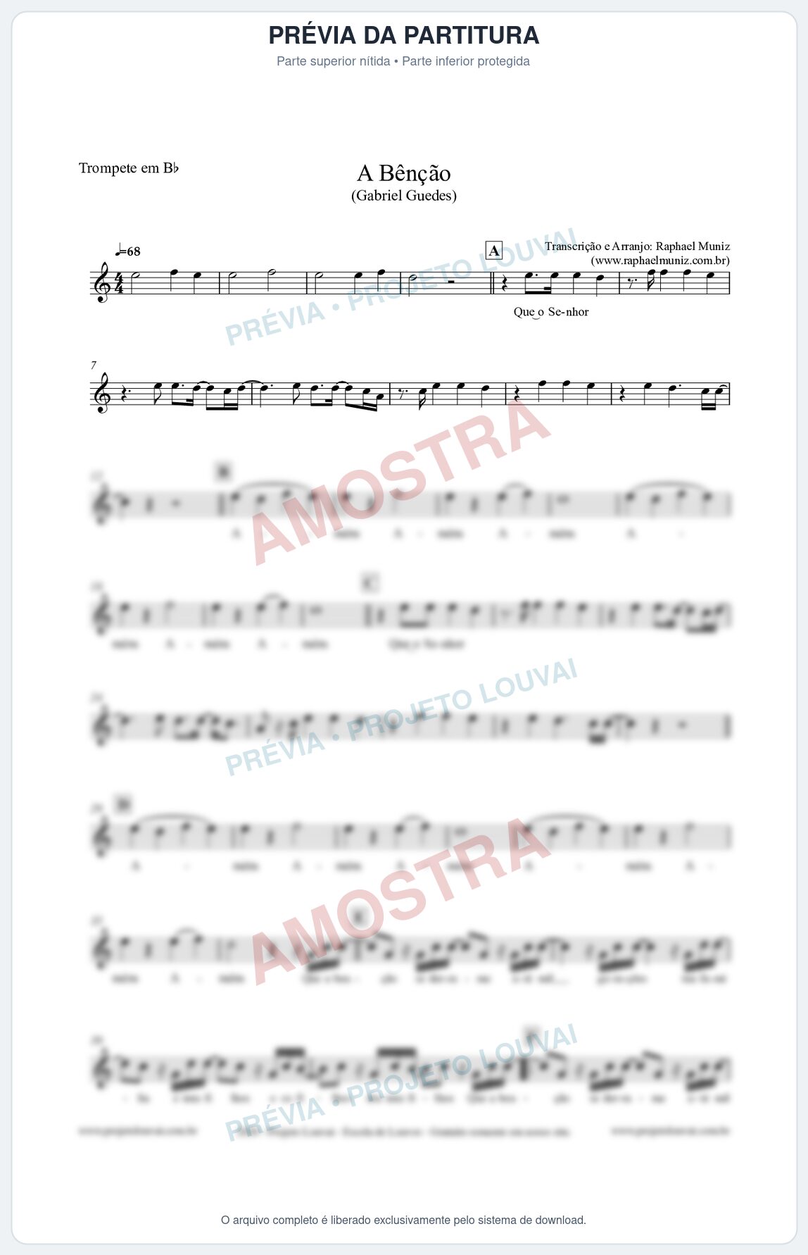 Prévia protegida da primeira página da partitura Partitura para Trompete em Bb - A Bênção (Tom Bb) - Gabriel Guedes