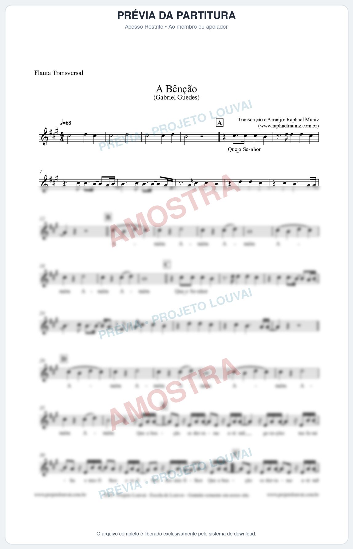 Prévia protegida da primeira página da partitura Partitura para Flauta Transversal - A Bênção (Tom A) - Gabriel Guedes