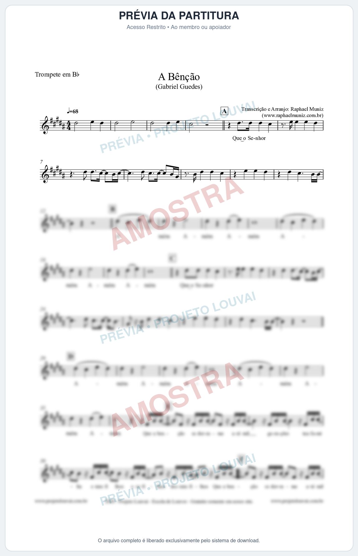 Prévia protegida da primeira página da partitura Partitura para Trompete em Bb - A Bênção (Tom A) - Gabriel Guedes