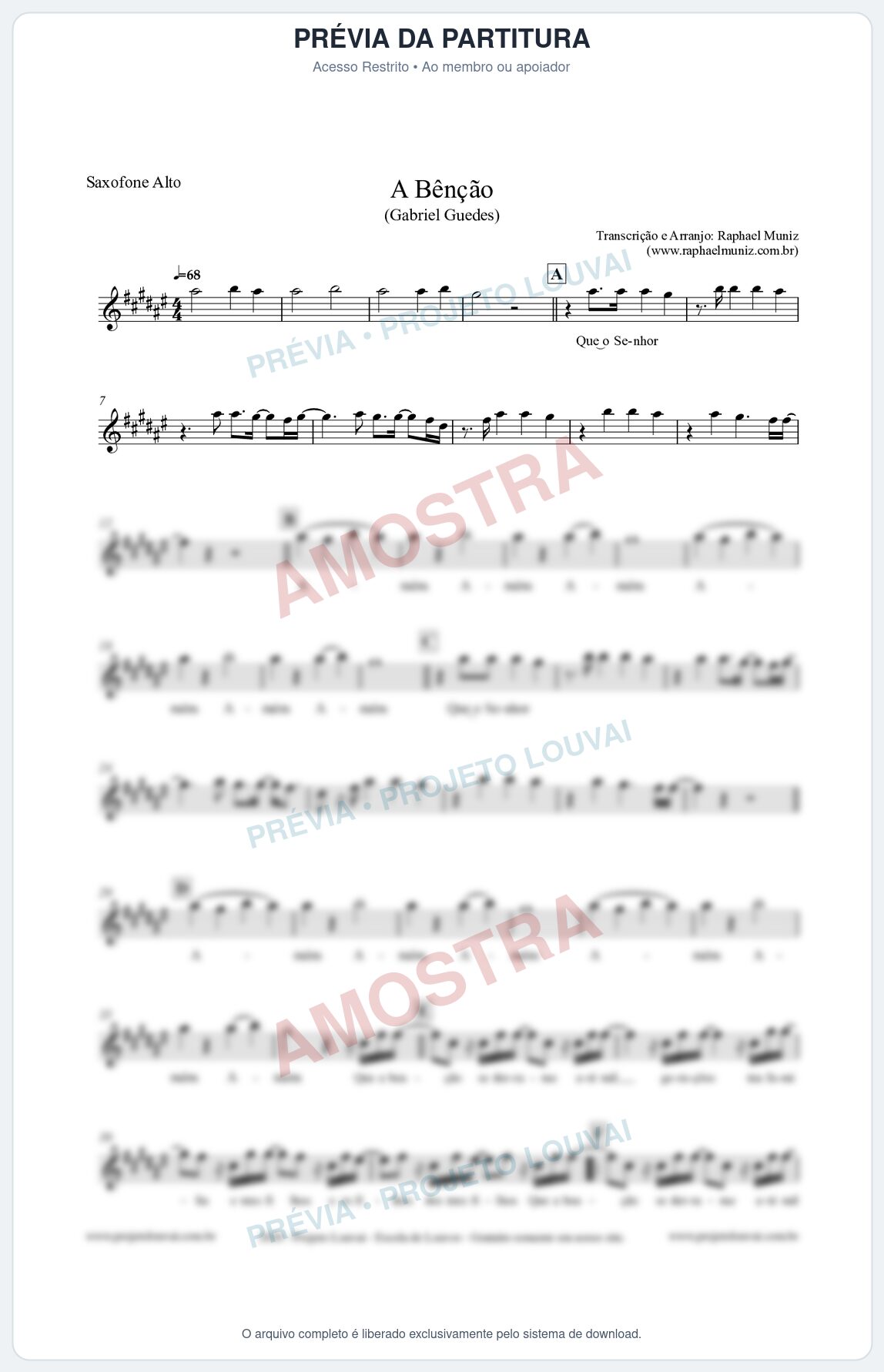 Prévia protegida da primeira página da partitura Partitura para Saxofone Alto - A Bênção (Tom A) - Gabriel Guedes