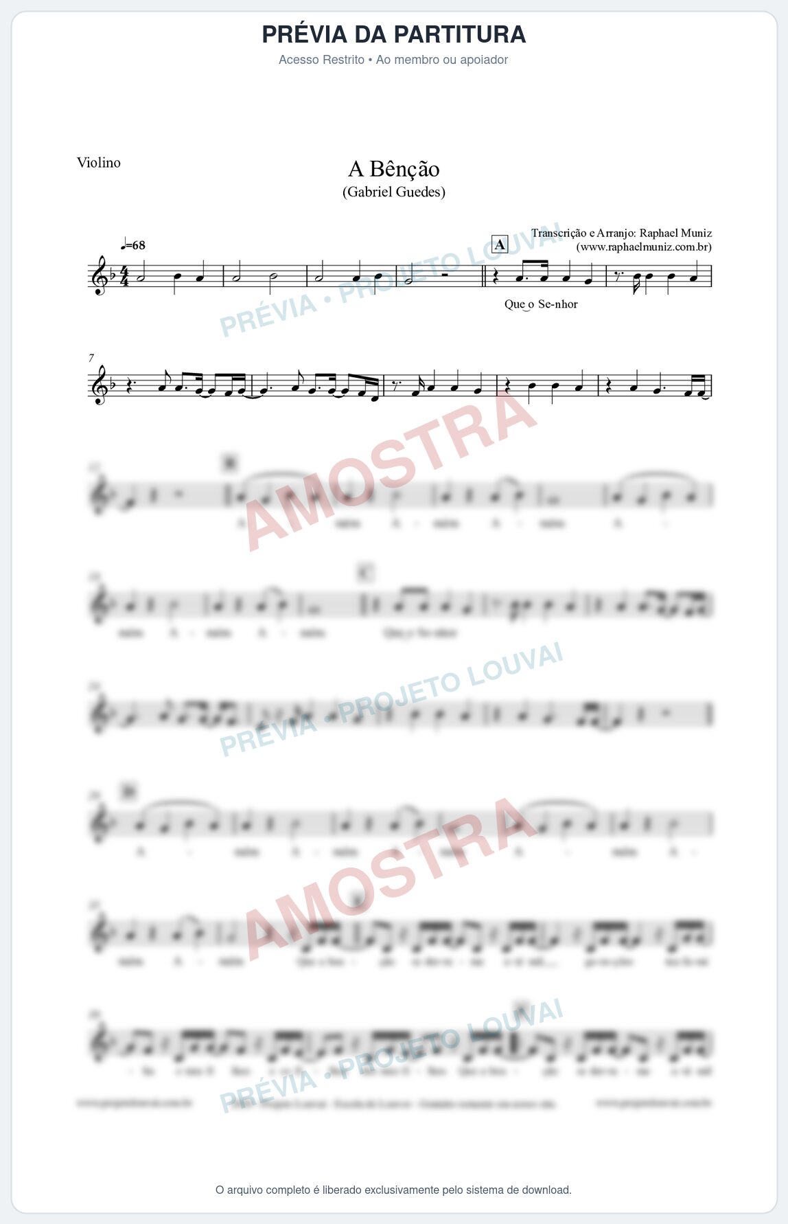 Prévia protegida da primeira página da partitura Partitura para Violino - A Bênção (Tom F) - Gabriel Guedes
