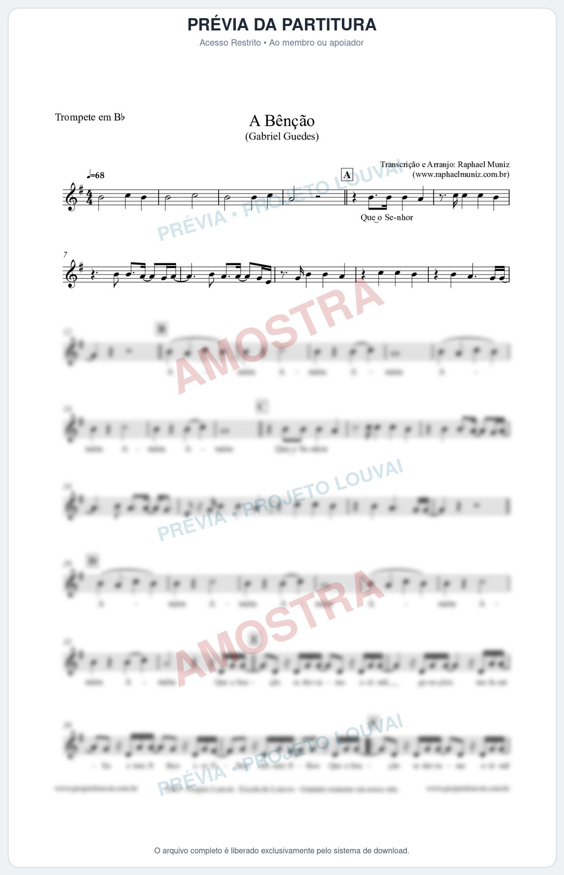 Prévia protegida da primeira página da partitura Partitura para Trompete em Bb - A Bênção (Tom F) - Gabriel Guedes