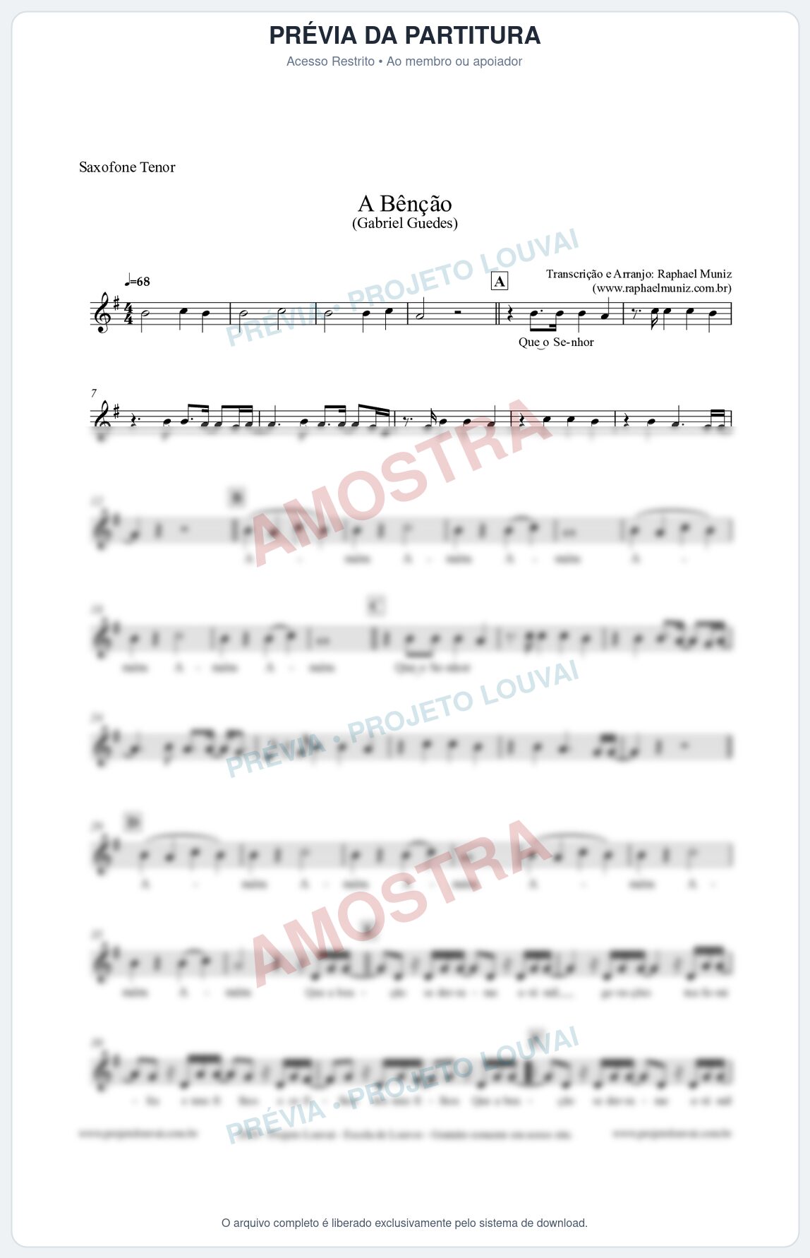 Prévia protegida da primeira página da partitura Partitura para Saxofone Tenor - A Bênção (Tom F) - Gabriel Guedes