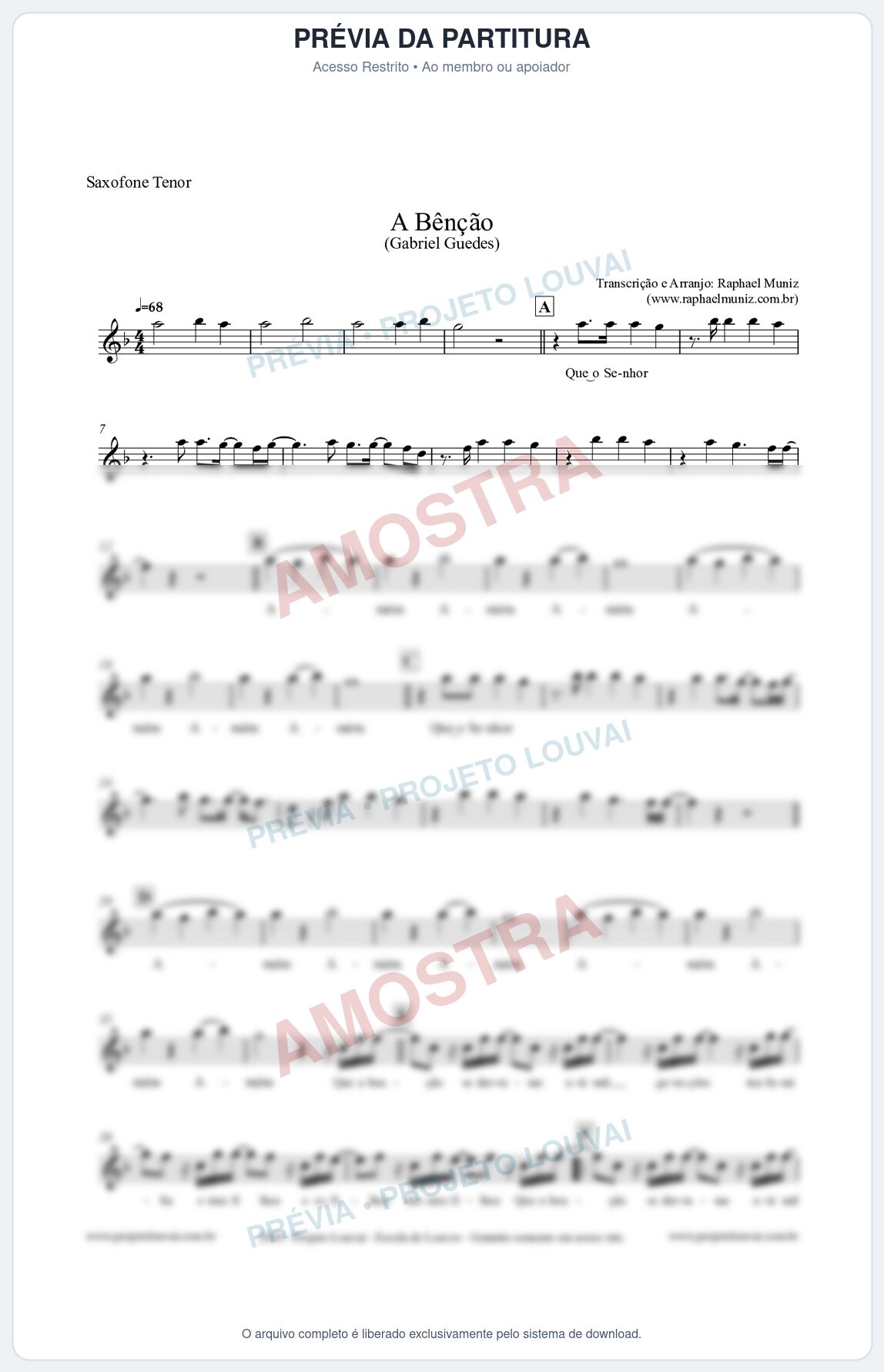 Prévia protegida da primeira página da partitura Partitura para Saxofone Tenor - A Bênção (Tom Eb) - Gabriel Guedes