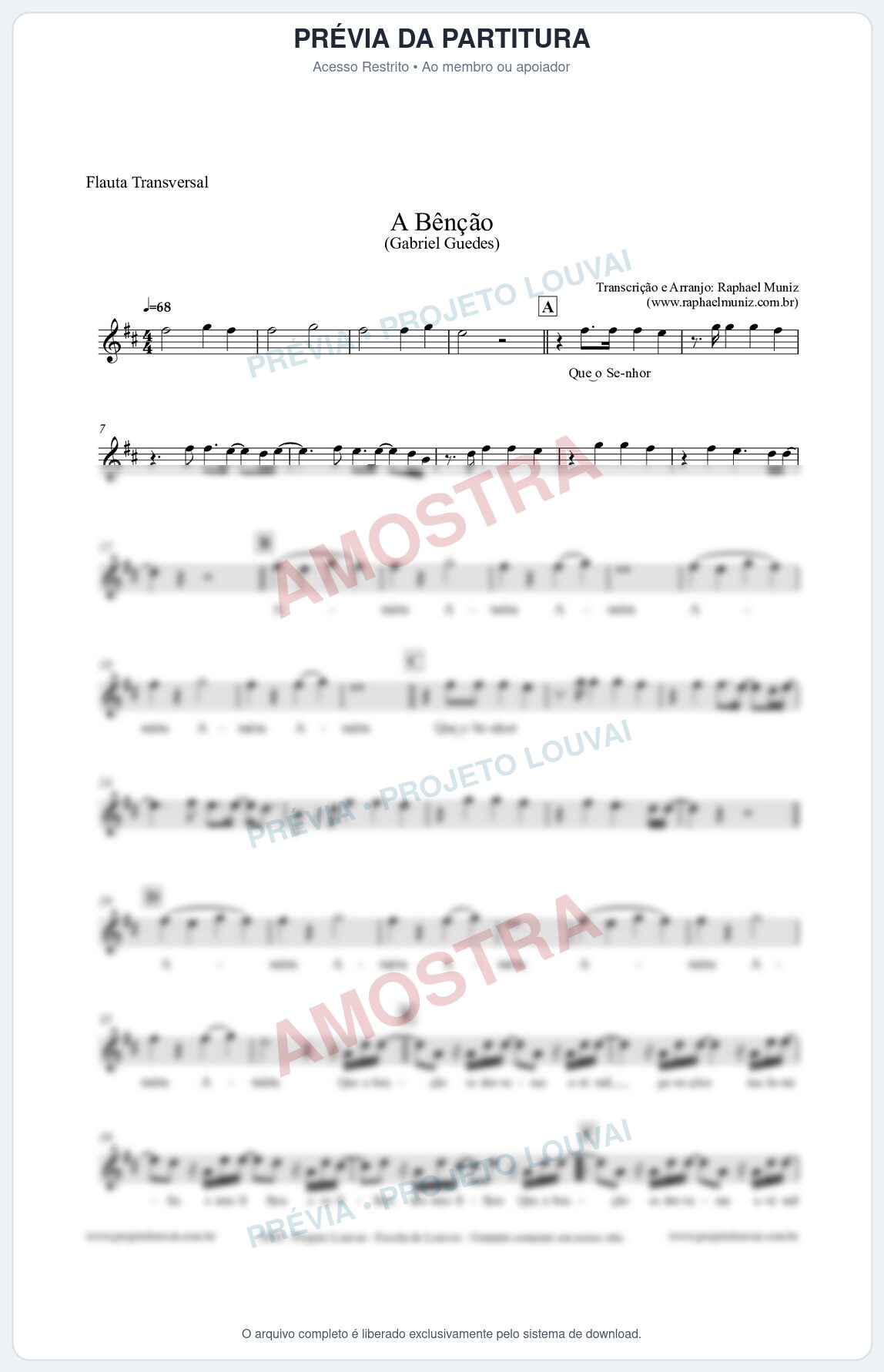 Prévia protegida da primeira página da partitura Partitura para Flauta Transversal - A Bênção (Tom D) - Gabriel Guedes