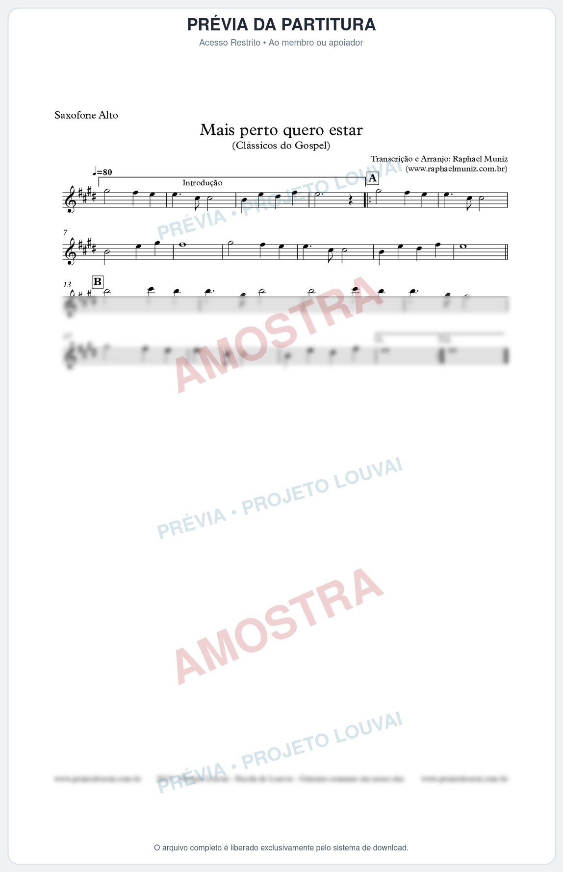 Prévia protegida da primeira página da partitura Partitura para Sax Alto - Mais perto quero estar - Clássicos do Gospel