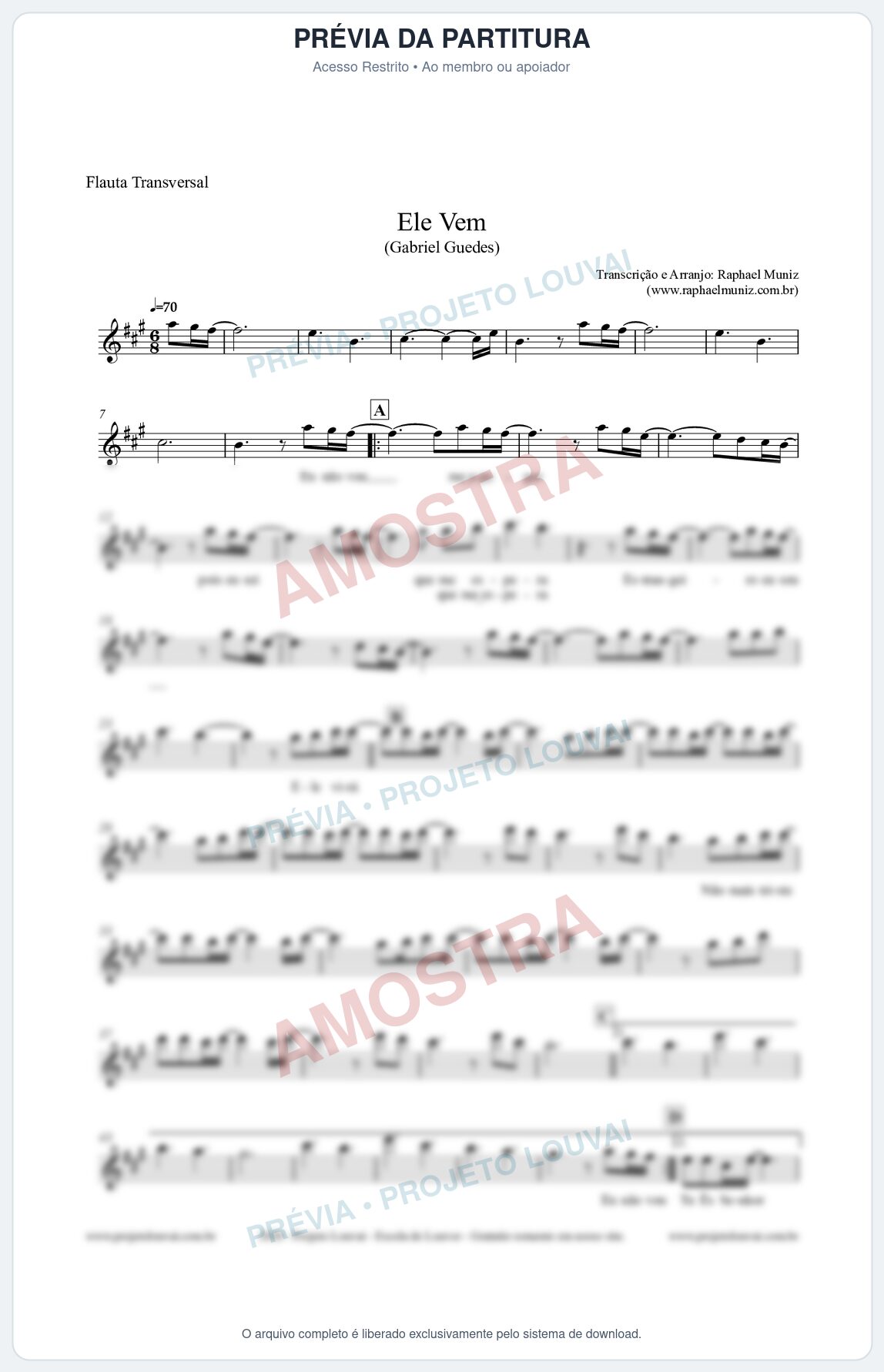 Prévia protegida da primeira página da partitura Partitura para Flauta Transversal - Ele Vem (Tom A) - Gabriel Guedes
