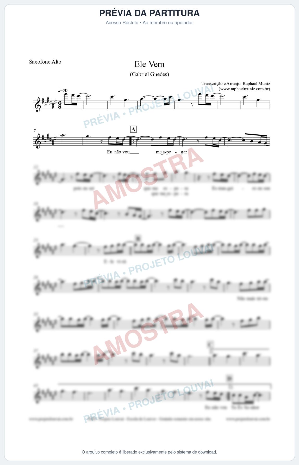 Prévia protegida da primeira página da partitura Partitura para Saxofone Alto - Ele Vem (Tom A) - Gabriel Guedes