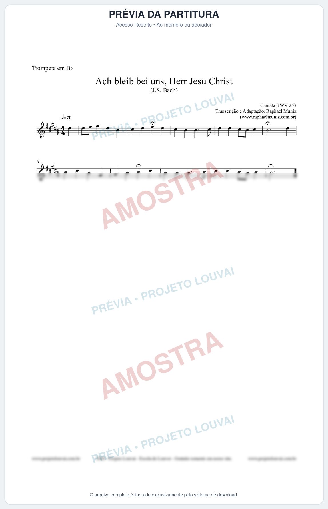 Prévia protegida da primeira página da partitura Partitura para Trompete em Bb - Ach bleib bei uns, Herr Jesu Christ (BWV 253) (Tom A) - Johann Sebastian Bach