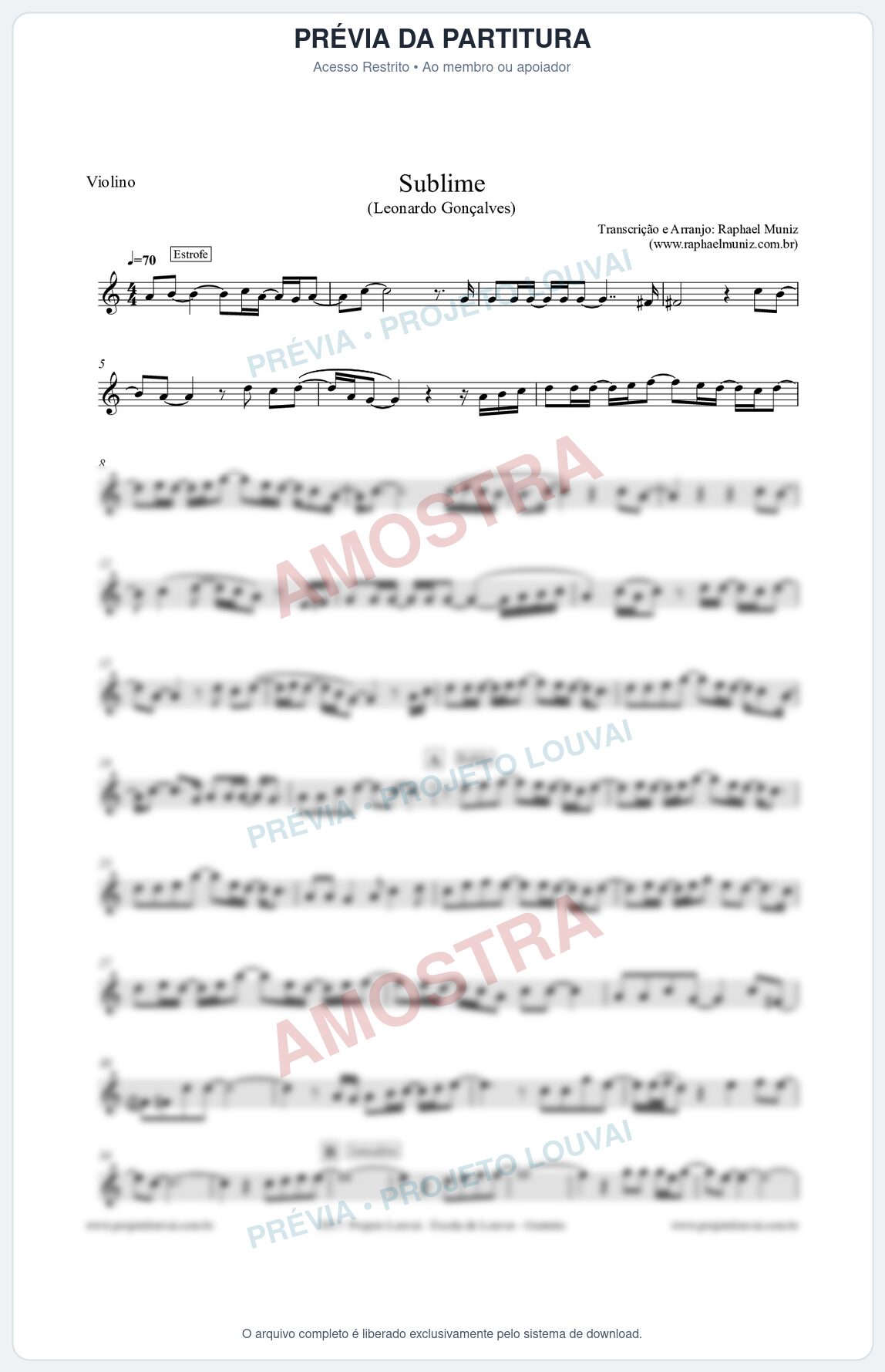 Prévia protegida da primeira página da partitura Partitura para Violino - Sublime - Leonardo Gonçalves