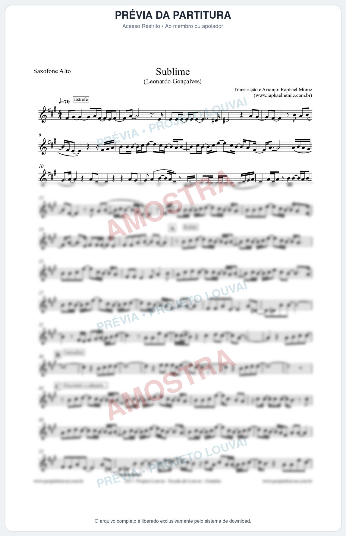 Prévia protegida da primeira página da partitura Partitura para Sax Alto - Sublime - Leonardo Gonçalves