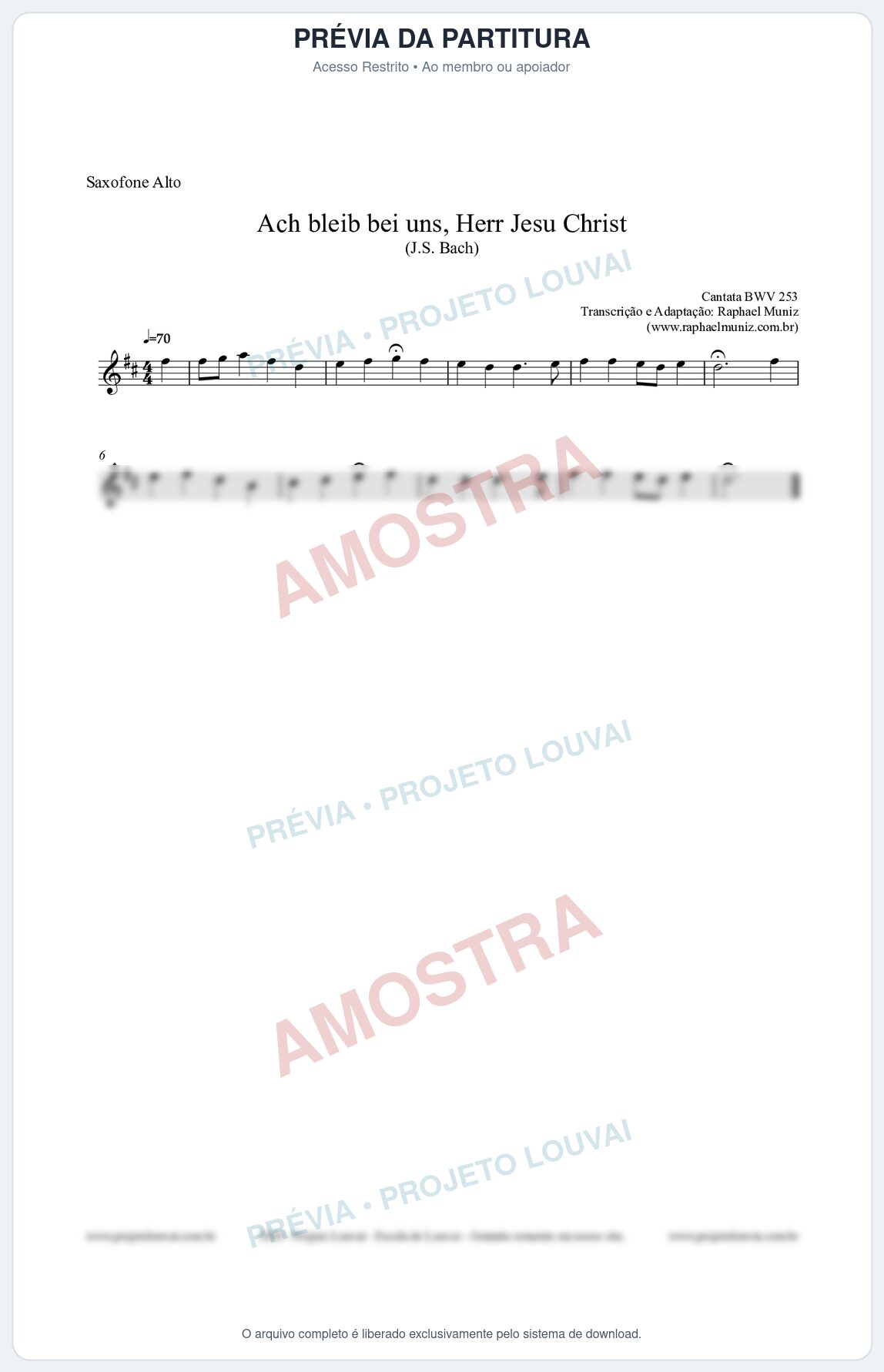 Prévia protegida da primeira página da partitura Partitura para Saxofone Alto - Ach bleib bei uns, Herr Jesu Christ (BWV 253) (Tom F) - Johann Sebastian Bach