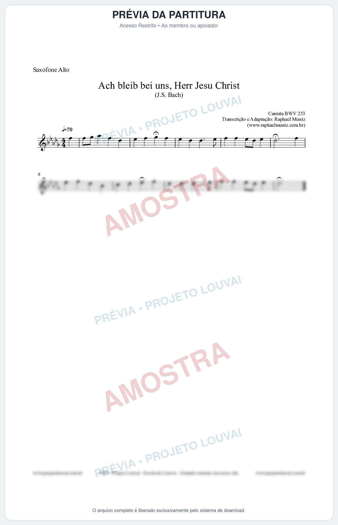 Prévia protegida da primeira página da partitura Partitura para Saxofone Alto - Ach bleib bei uns, Herr Jesu Christ (BWV 253) (Tom E) - Johann Sebastian Bach